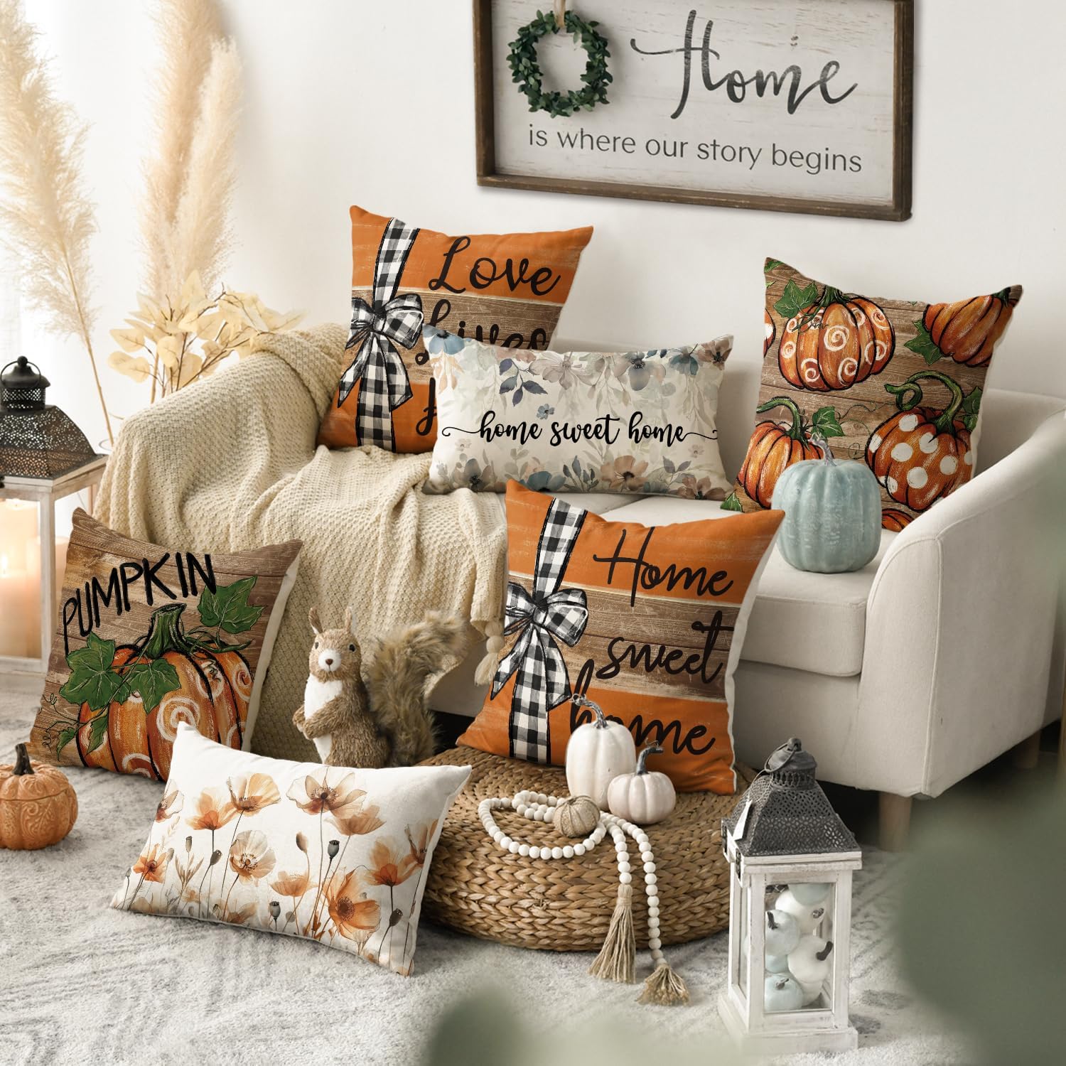 AVOIN colorlife Fall Pumpkin Home Sweet Home Thanksgiving Throw Pillow Covers, 18 x 18 Inch Love Lives Here Autumn Harvest Stripes Polka Dots Give Thanks Decorations for Sofa Couch Set of 4