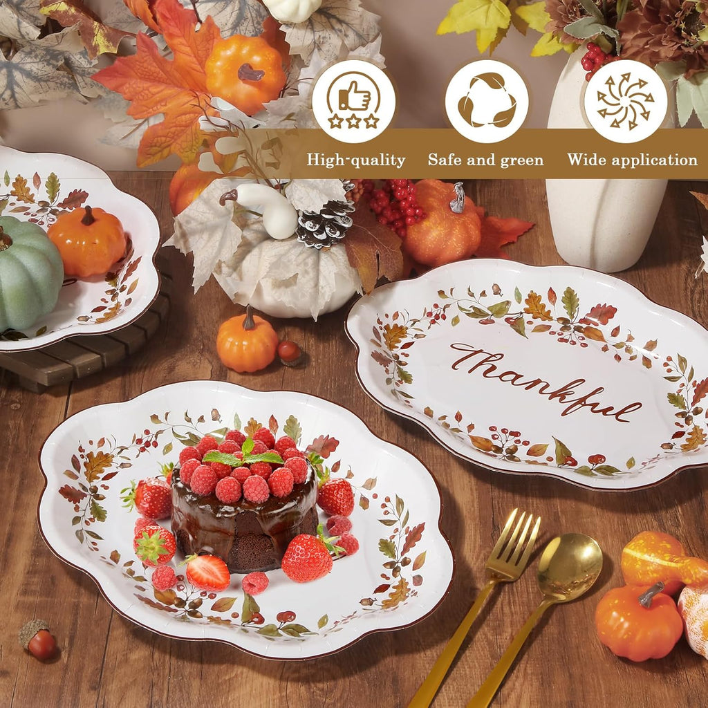 50 Pcs Thanksgiving Leaves Oval Paper Plates 9.6"x12"Autumn Berry Heavy Duty Party Plates Fall Maple Large Disposable Plates for Fall Harvest Give Thanks Party Supply