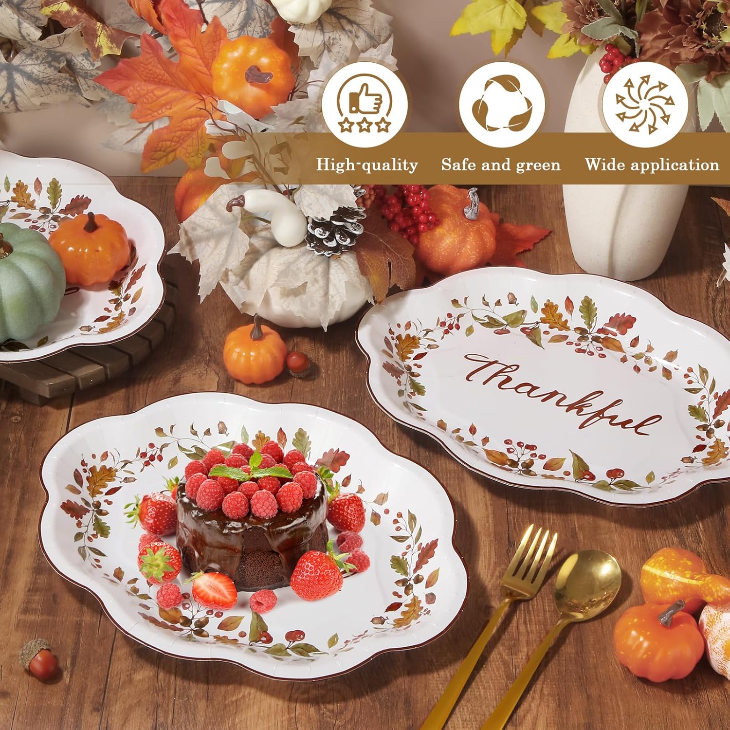 50 Pcs Thanksgiving Leaves Oval Paper Plates 9.6"x12"Autumn Berry Heavy Duty Party Plates Fall Maple Large Disposable Plates for Fall Harvest Give Thanks Party Supply