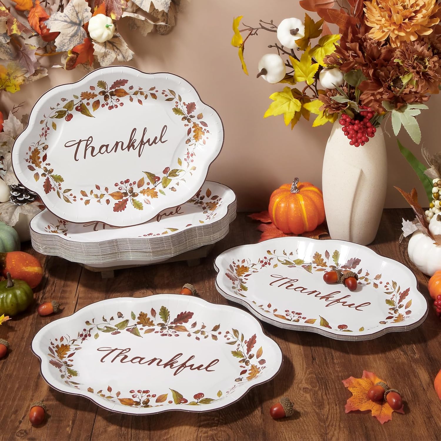 50 Pcs Thanksgiving Leaves Oval Paper Plates 9.6"x12"Autumn Berry Heavy Duty Party Plates Fall Maple Large Disposable Plates for Fall Harvest Give Thanks Party Supply