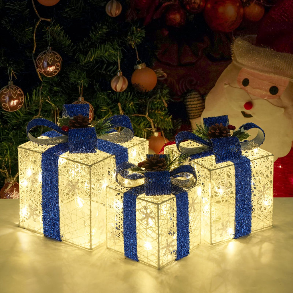 Christmas Decorations, Set of 3 Christmas Lighted Gift Boxes, Battery Operated Xmas Present Boxes, Warm White LED with Bows for Indoor Christmas Tree, Yard, Home Decor