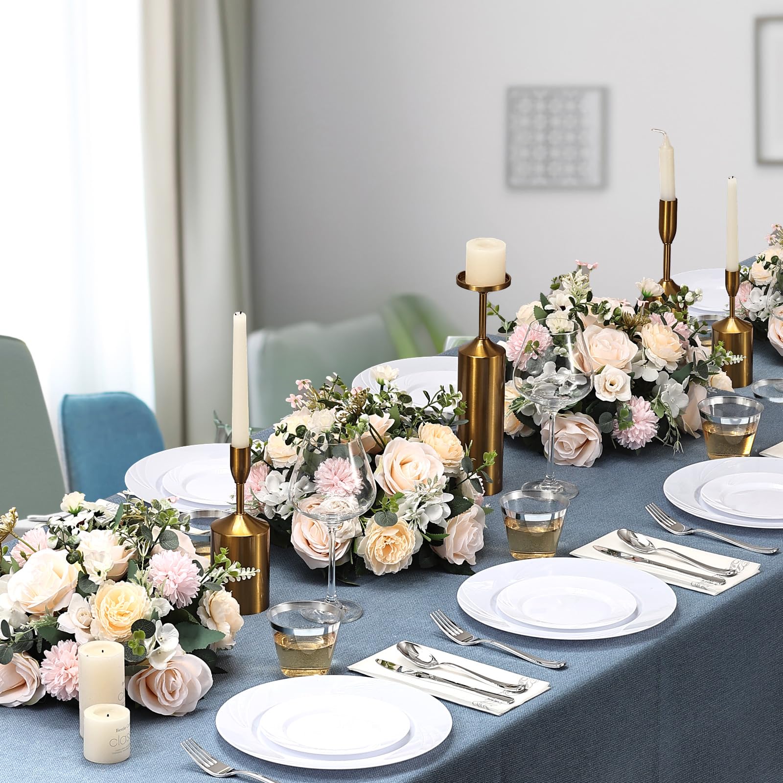 350-Piece Gold Rim Plastic Dinnerware Set for 50 Guests, Elegant Disposable Dinnerware for Party, Wedding. Includes Dinner Plates, Dessert Plates, Gold Silverware, Napkins, Cups