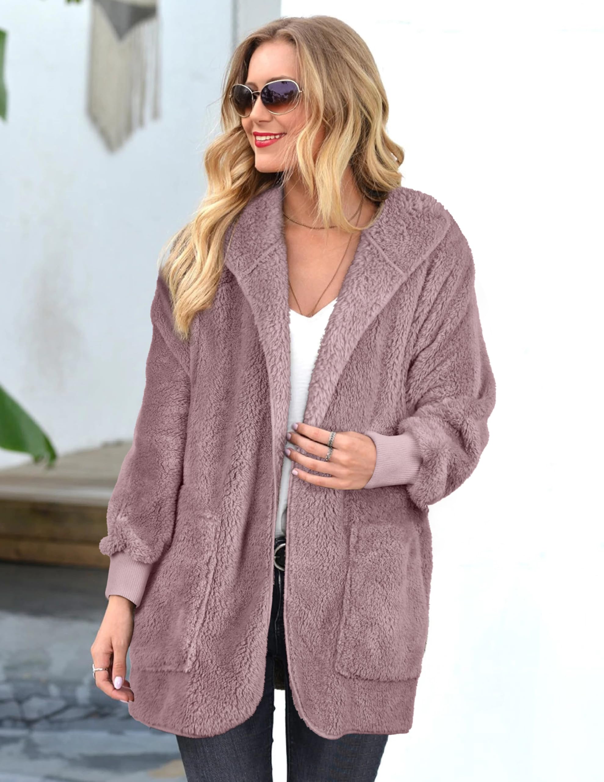 CHICGAL Womens Fuzzy Jacket Hooded Cardigan Open Front Sherpa Coat Outwear with Pockets