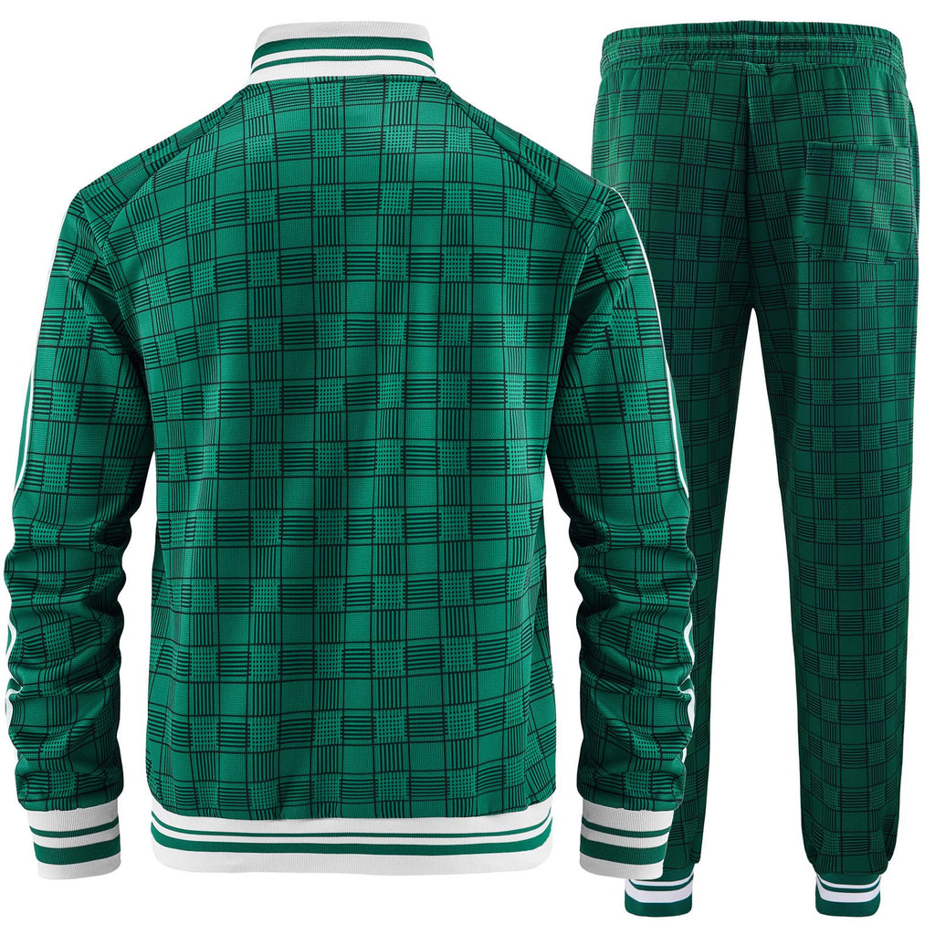 Men Tracksuits Full-zip Long Sleeve Plaid Track Jackets and Pants 2 Piece
