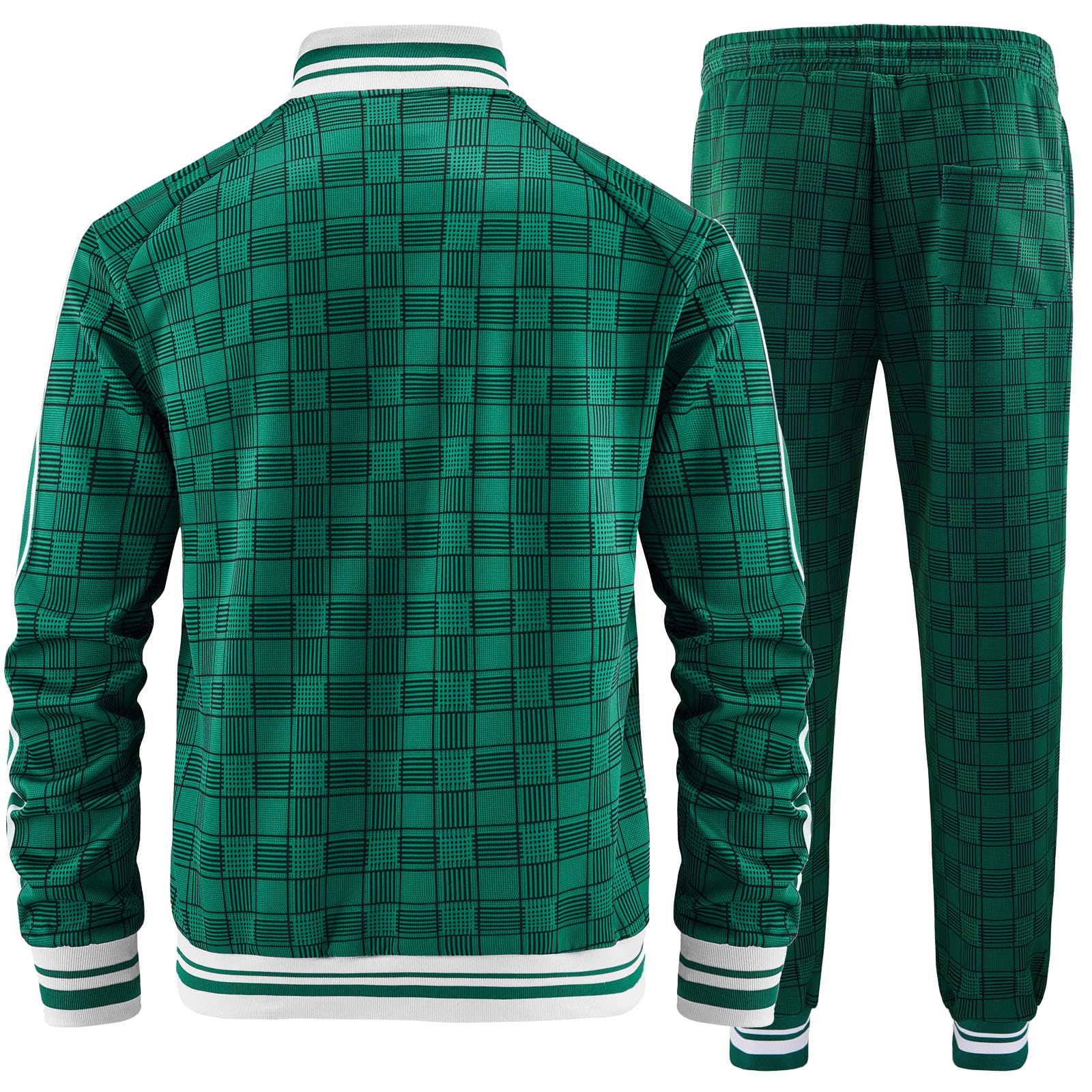 Men Tracksuits Full-zip Long Sleeve Plaid Track Jackets and Pants 2 Piece