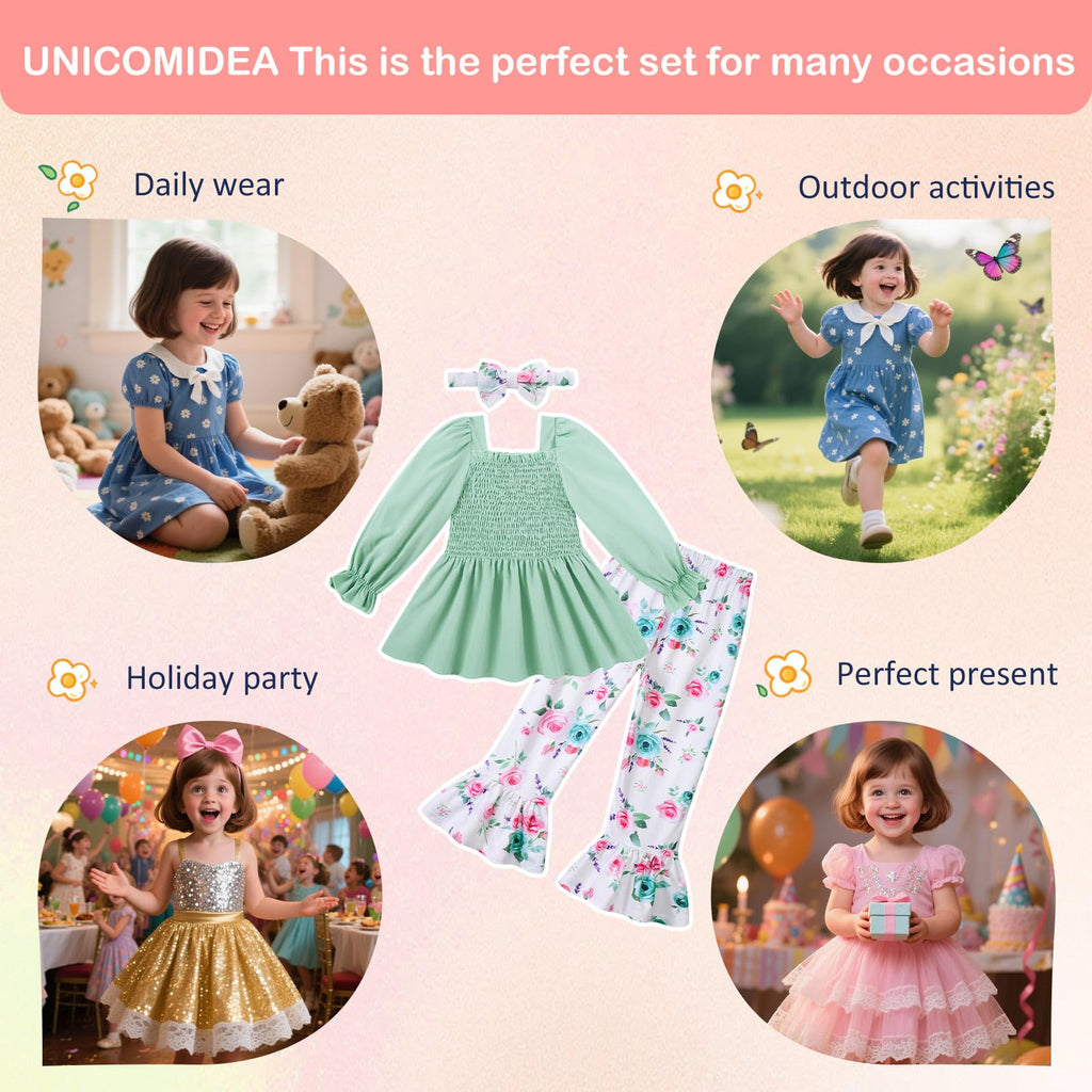 UNICOMIDEA Girls Clothes Set Shirt Top and Flare Pants with Bowknot 2-5T Kids 3 Piece Outfit For Girl