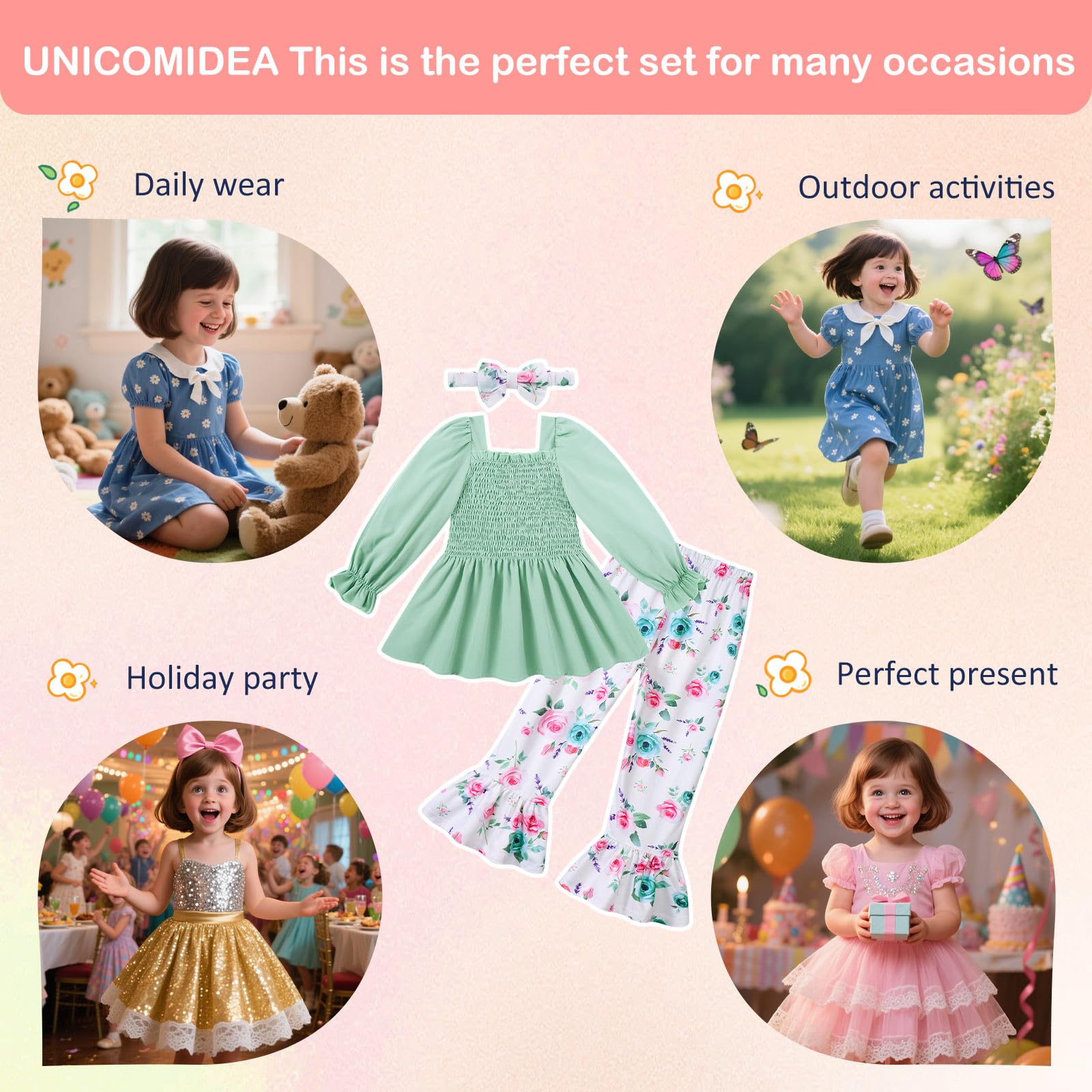 UNICOMIDEA Girls Clothes Set Shirt Top and Flare Pants with Bowknot 2-5T Kids 3 Piece Outfit For Girl