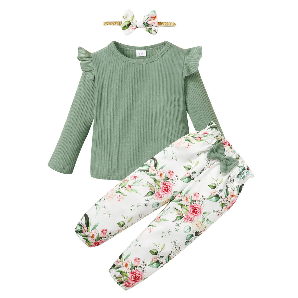 YALLET 3Pcs Toddler Girl Clothes Solid Color Long Sleeves Ruffle Top+Floral Pants+Headband 1-6 Years Fall/Winter Outfits Set