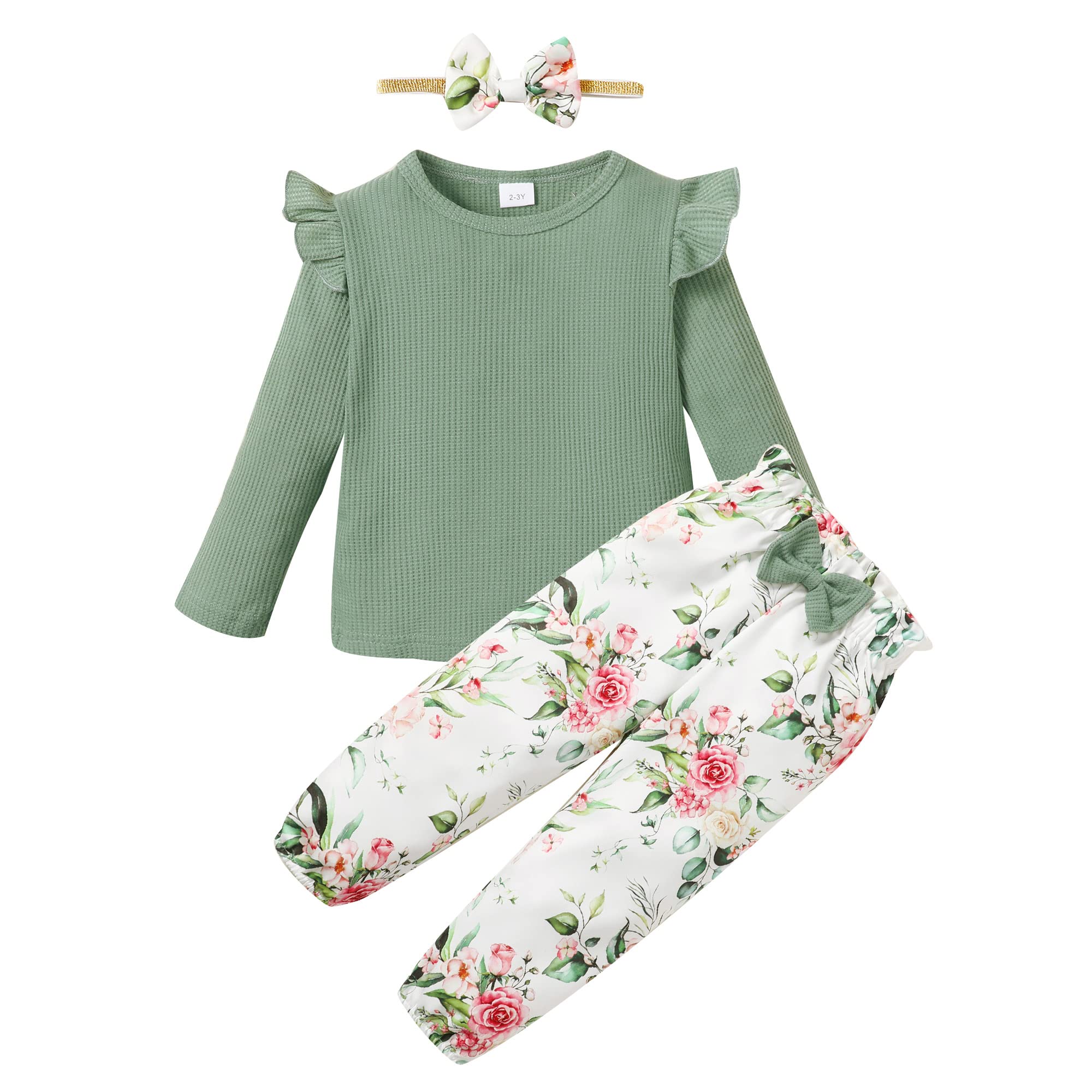YALLET 3Pcs Toddler Girl Clothes Solid Color Long Sleeves Ruffle Top+Floral Pants+Headband 1-6 Years Fall/Winter Outfits Set