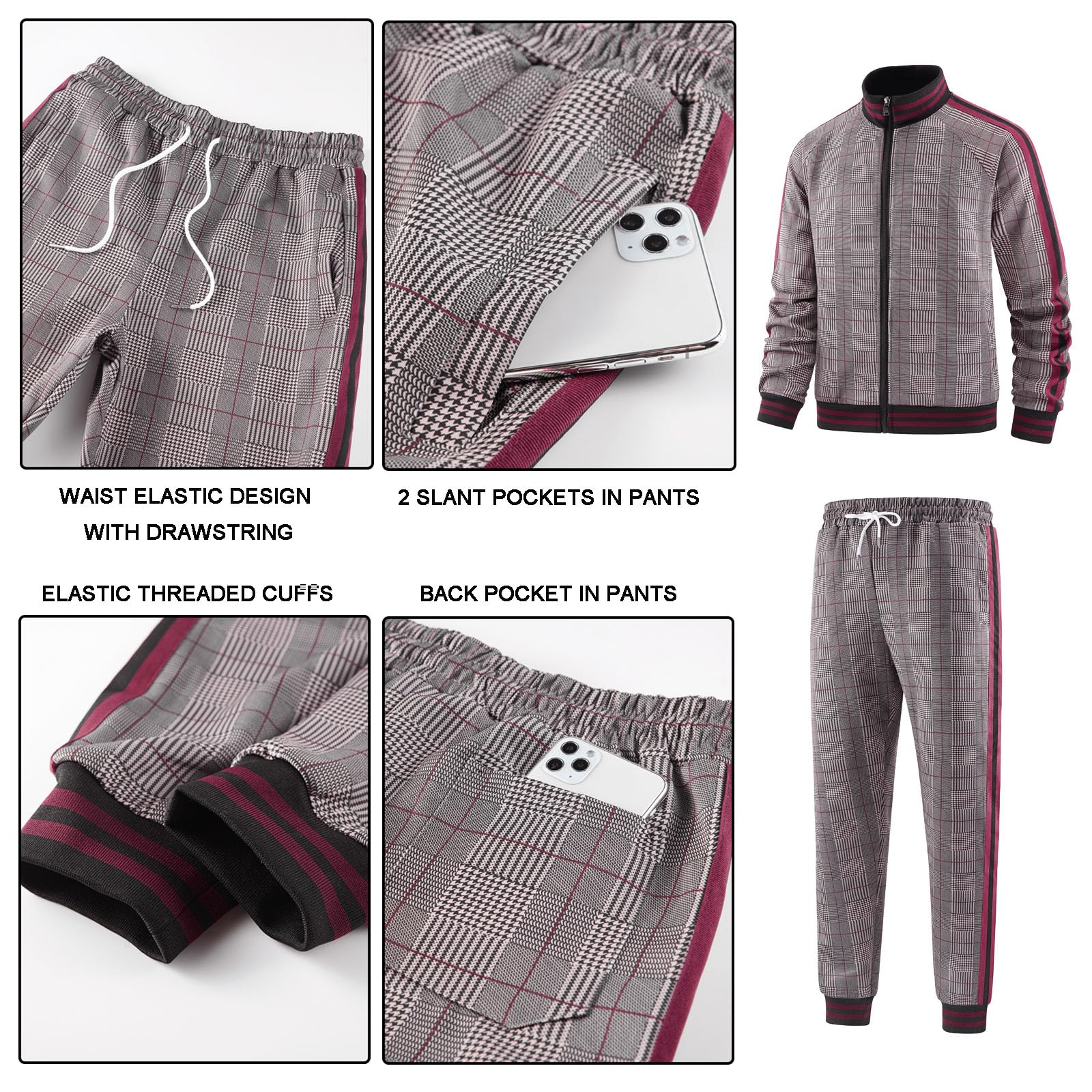 Men Tracksuits Full-zip Long Sleeve Plaid Track Jackets and Pants 2 Piece