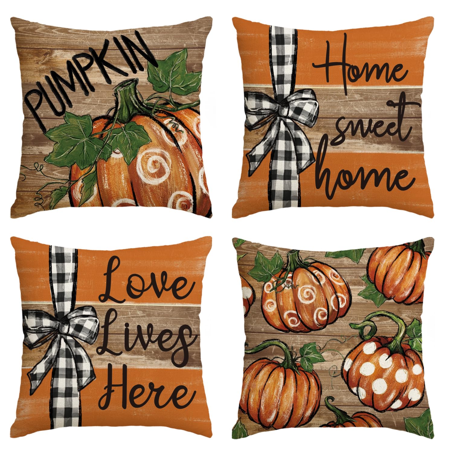 AVOIN colorlife Fall Pumpkin Home Sweet Home Thanksgiving Throw Pillow Covers, 18 x 18 Inch Love Lives Here Autumn Harvest Stripes Polka Dots Give Thanks Decorations for Sofa Couch Set of 4