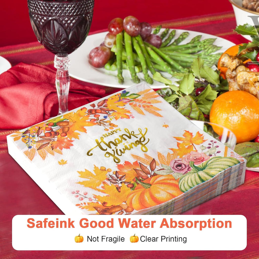 Dereinwo 150 Pcs Thanksgiving Paper Plates and Napkins Fall Pumpkin Autumn Party Plates Napkins Set Disposable Dinnerware Tableware for Thanksgiving Dinner Party, Serves 50