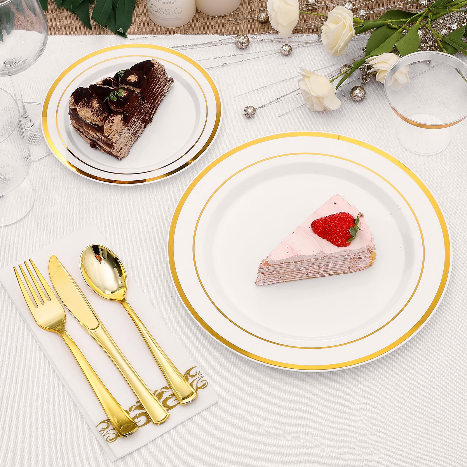 350-Piece Gold Rim Plastic Dinnerware Set for 50 Guests, Elegant Disposable Dinnerware for Party, Wedding. Includes Dinner Plates, Dessert Plates, Gold Silverware, Napkins, Cups