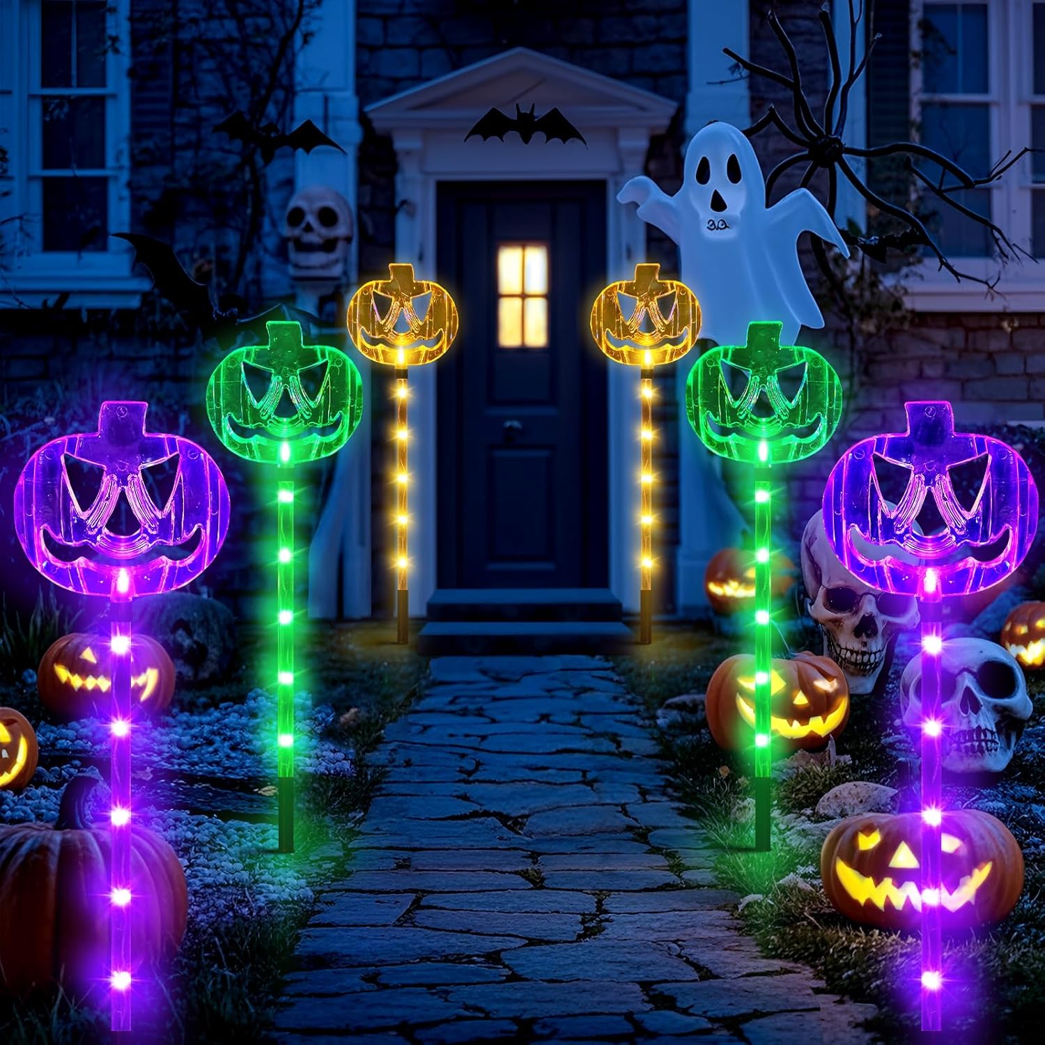 6 Pack Solar Pumpkin Stake Lights for Halloween Decorations Outdoor, Waterproof Solar Halloween Lighted Pumpkin Pathway Lights for Garden Yard Patio Porch Pathway Grave