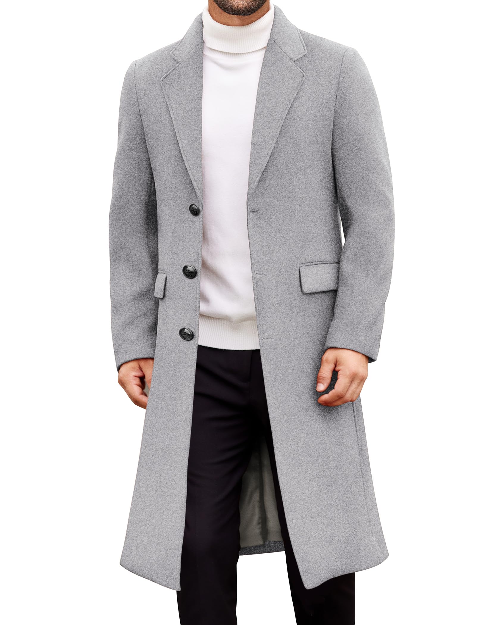 COOFANDY Mens Trench Coat Long Casual Single Brested Overcoat Winter Notched Collar Wool Blend Pea coat With Pockets