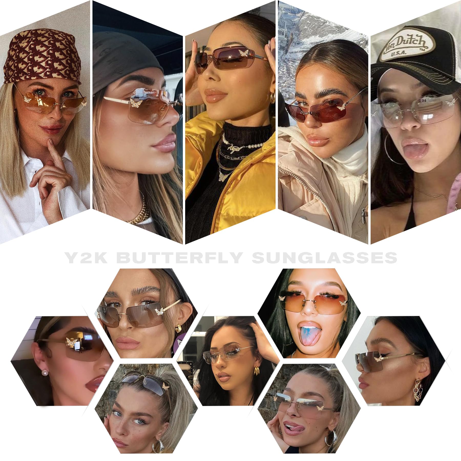 Rectangle Rimless Sunglasses for Women Retro Trendy Square Sun Glasses Vintage Shades