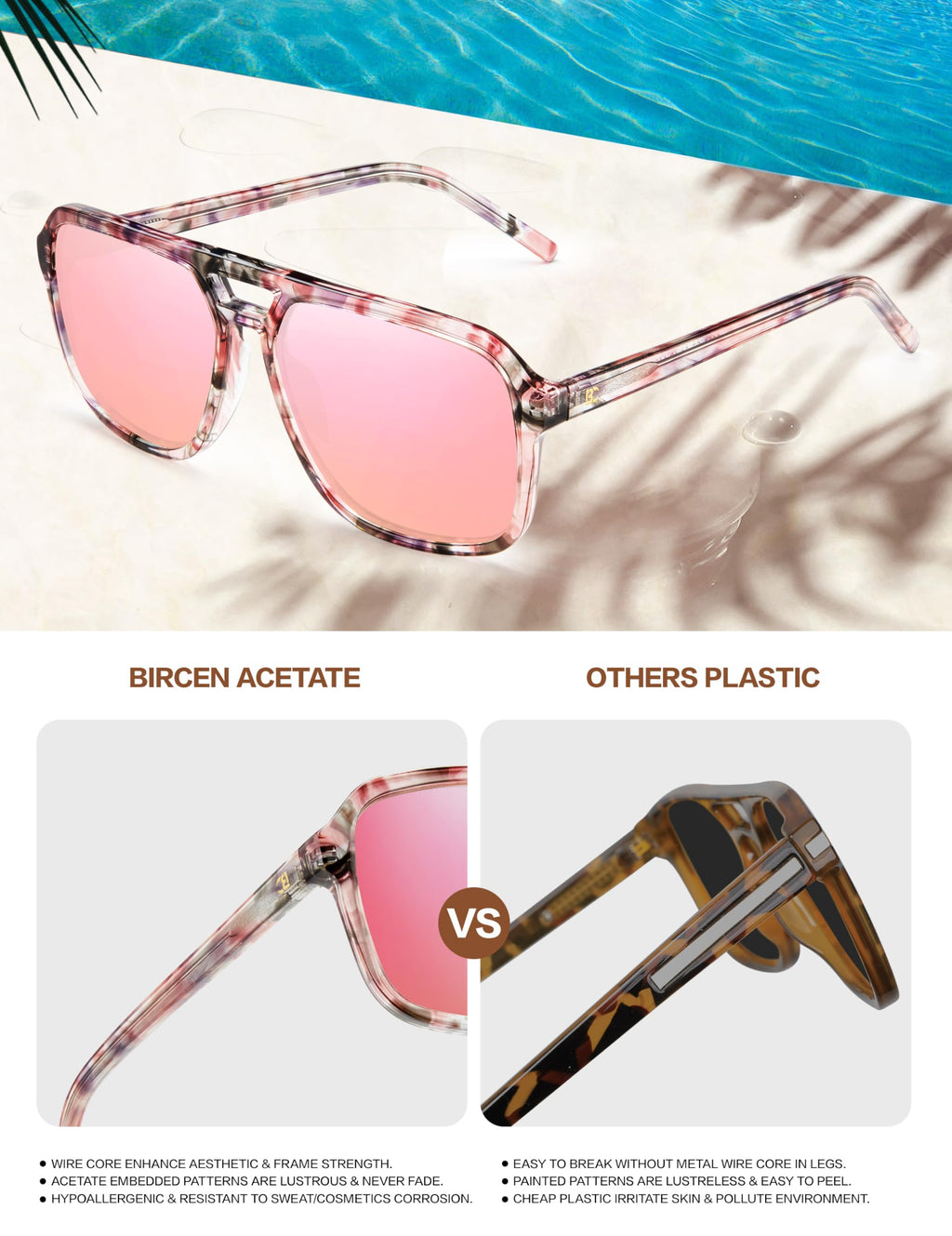 BIRCEN Women Polarized Acetate Sunglasses: Fashion Square Aviator Shades UV Protection for Trendy Laides Travel Beach Outdoor