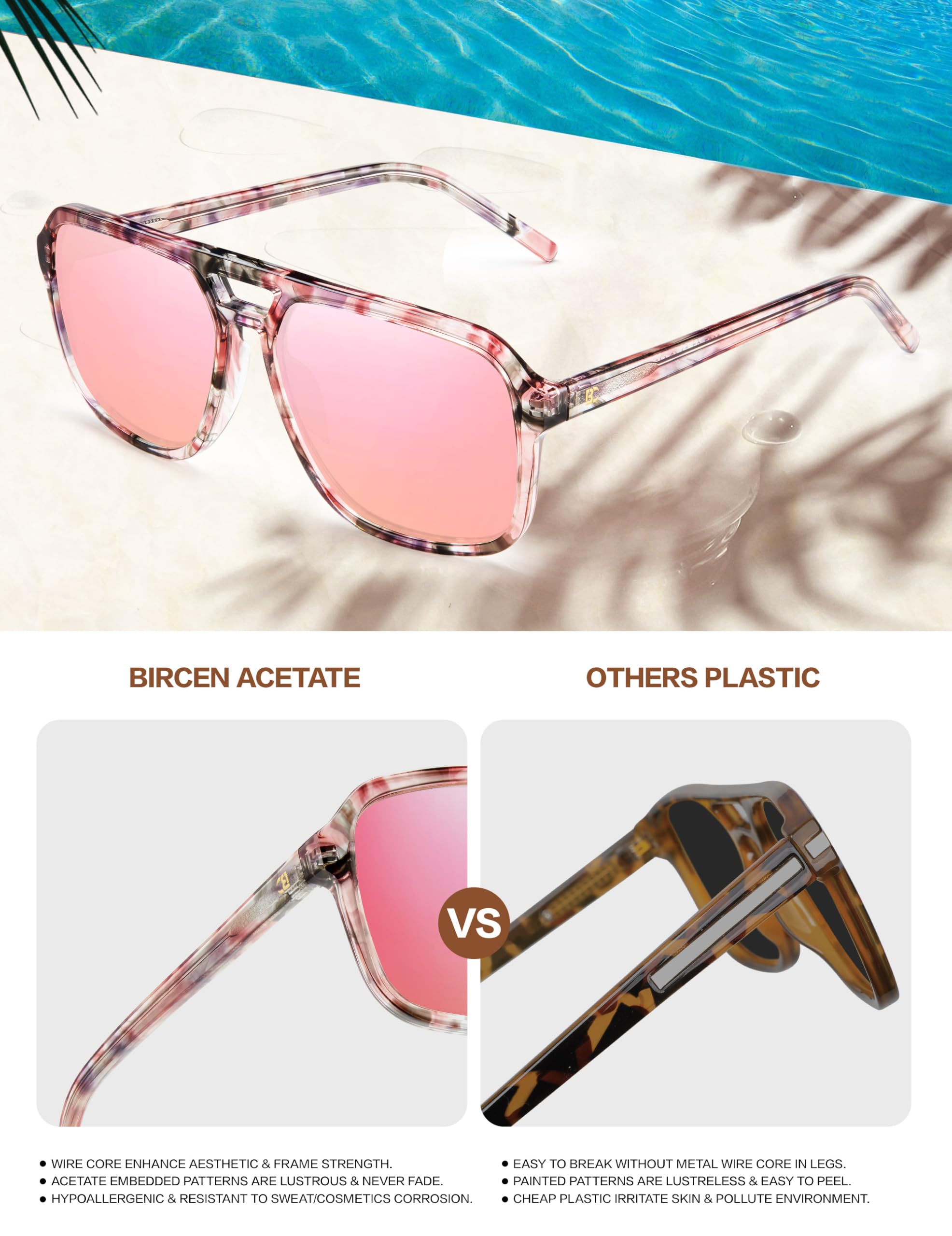 BIRCEN Women Polarized Acetate Sunglasses: Fashion Square Aviator Shades UV Protection for Trendy Laides Travel Beach Outdoor