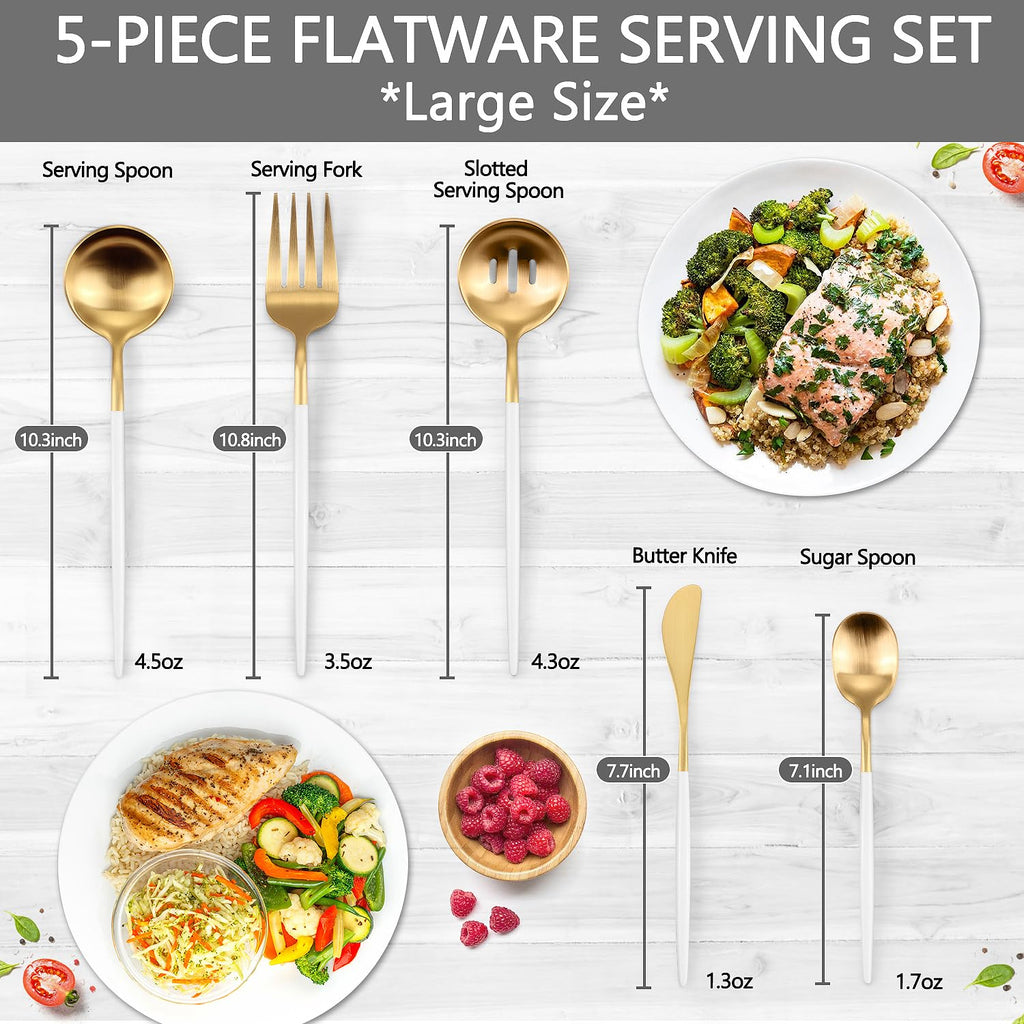 Gold Stainless Steel Serving Utensils Set, 5 Pcs - 10.8 Inch Serving Fork, 10.3 Inch Slotted Spoon, Sugar Spoon, Butter Knife for Buffet