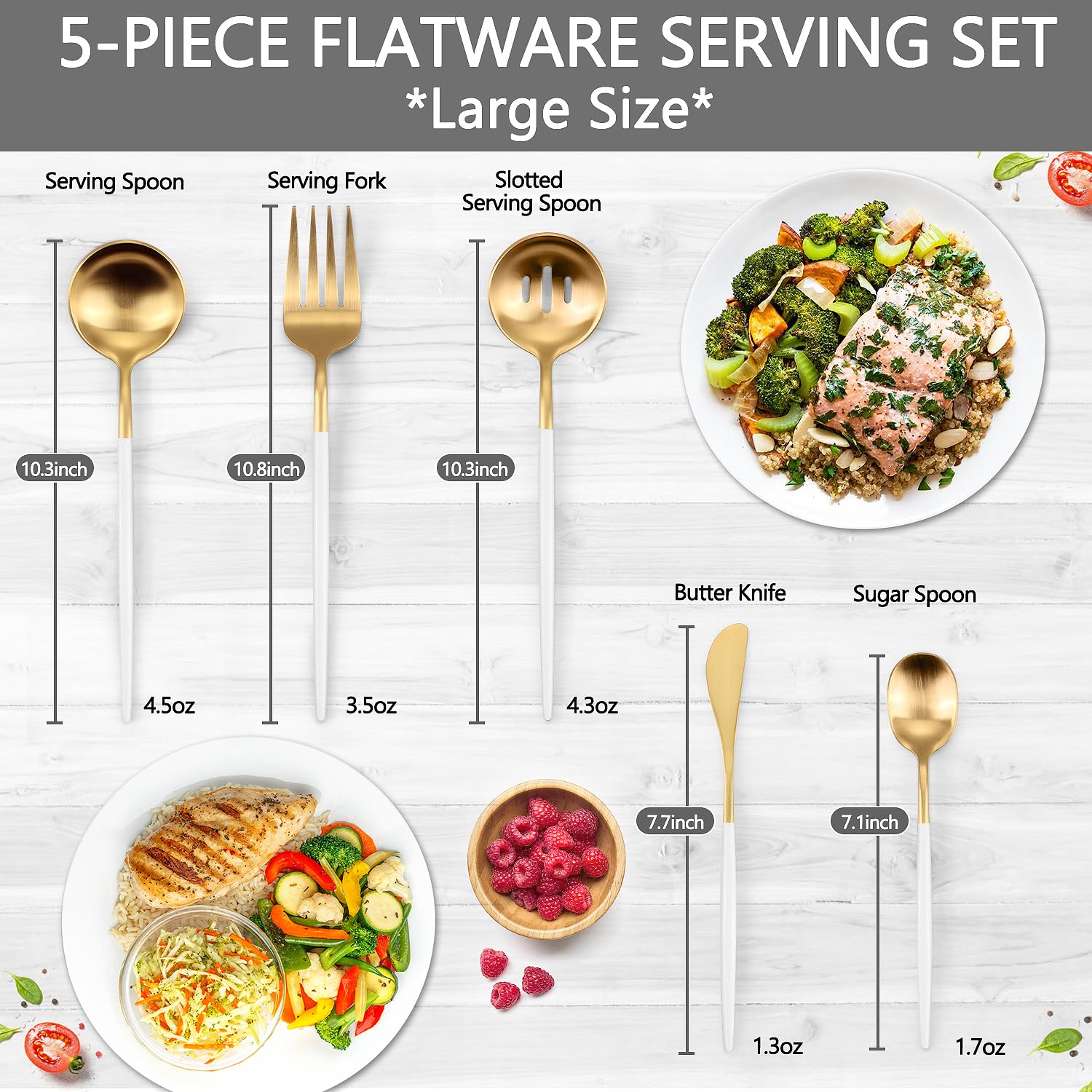 Gold Stainless Steel Serving Utensils Set, 5 Pcs - 10.8 Inch Serving Fork, 10.3 Inch Slotted Spoon, Sugar Spoon, Butter Knife for Buffet