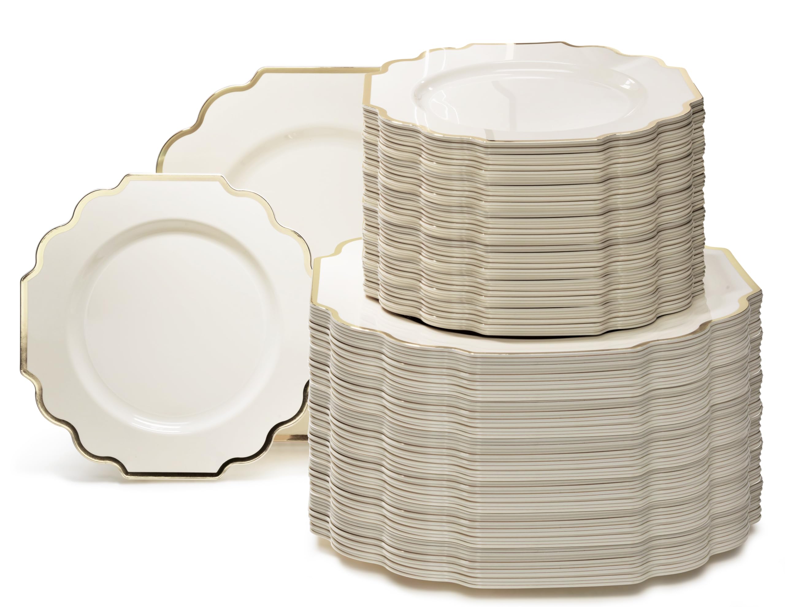 " OCCASIONS " 50 Plates Pack (25 Guests)-Heavyweight Wedding Party Disposable Plastic Plate Set -(25x10.5'' Dinner + 25x8'' Salad/Dessert) (Imperial White & Gold)