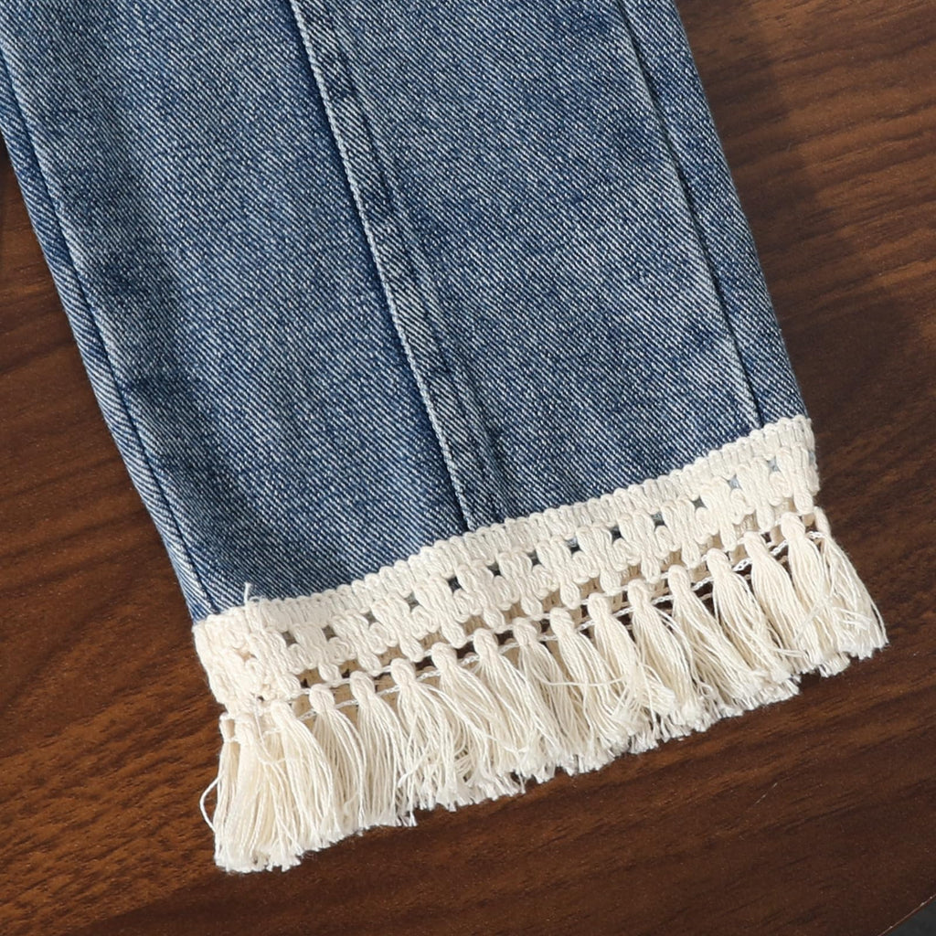 3-7 Years Toddler Girls Pants Set - Tassel Top & Washed Denim Pants Fall Winter Clothing Outfits Set for Girls