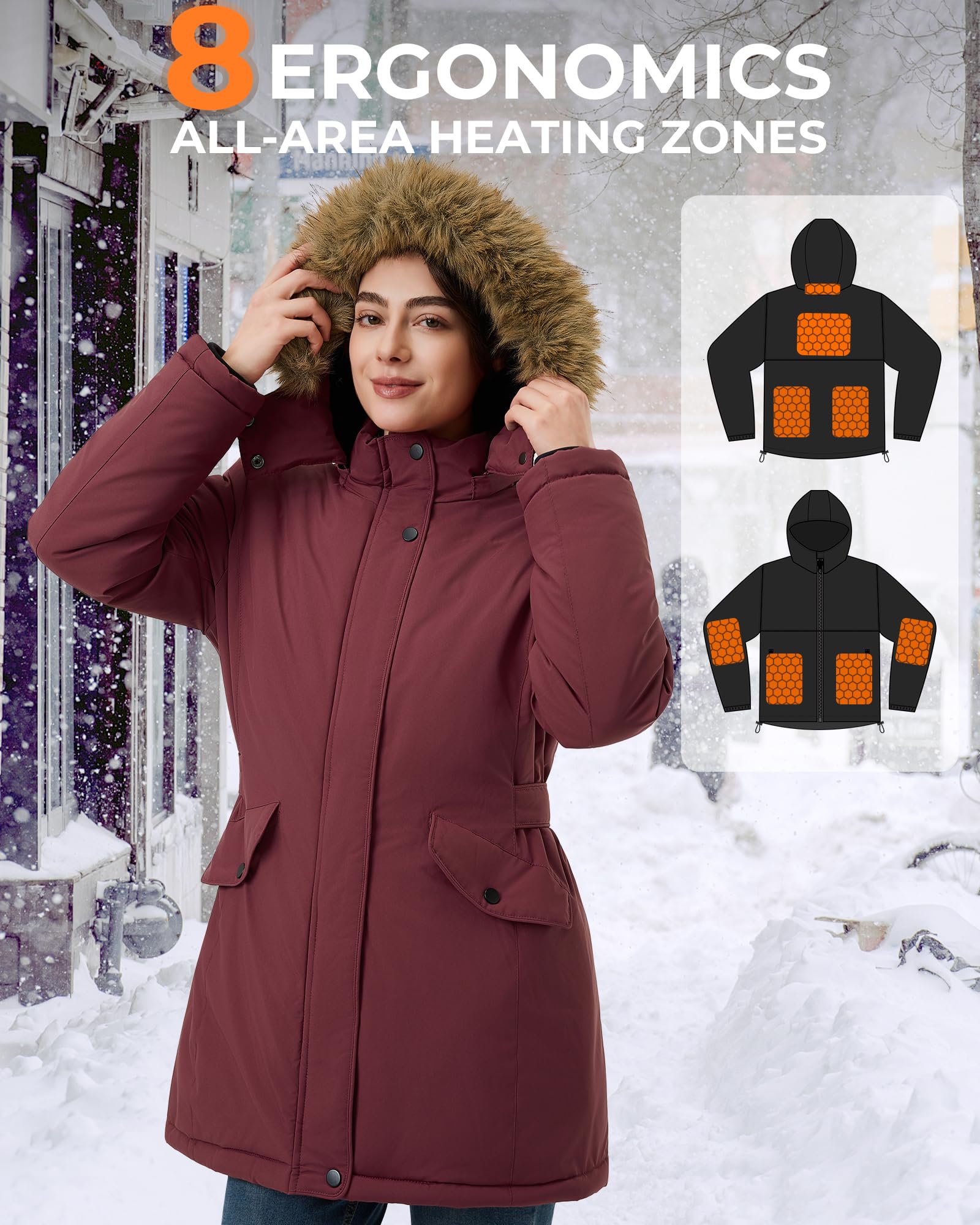 Graphene Long Heated Jacket for Women with 18400mAh 12V Battery Pack, Womens Parka Coat with Faux Fur Detachable Hood