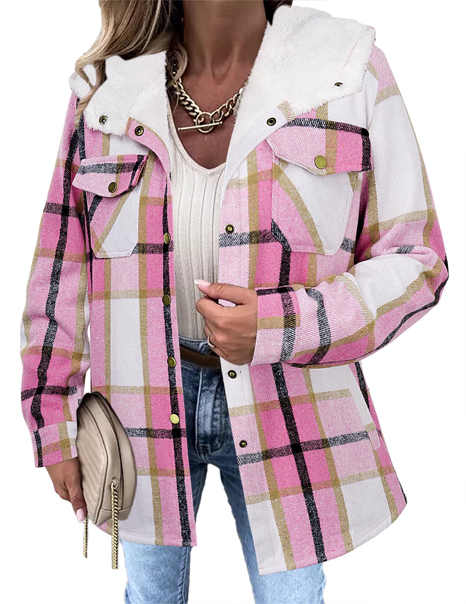 Zeagoo Womens Plaid Shacket Jacket Long Sleeve Fleece Hooded Jackets Fall Winter Warm Coat S-2XL