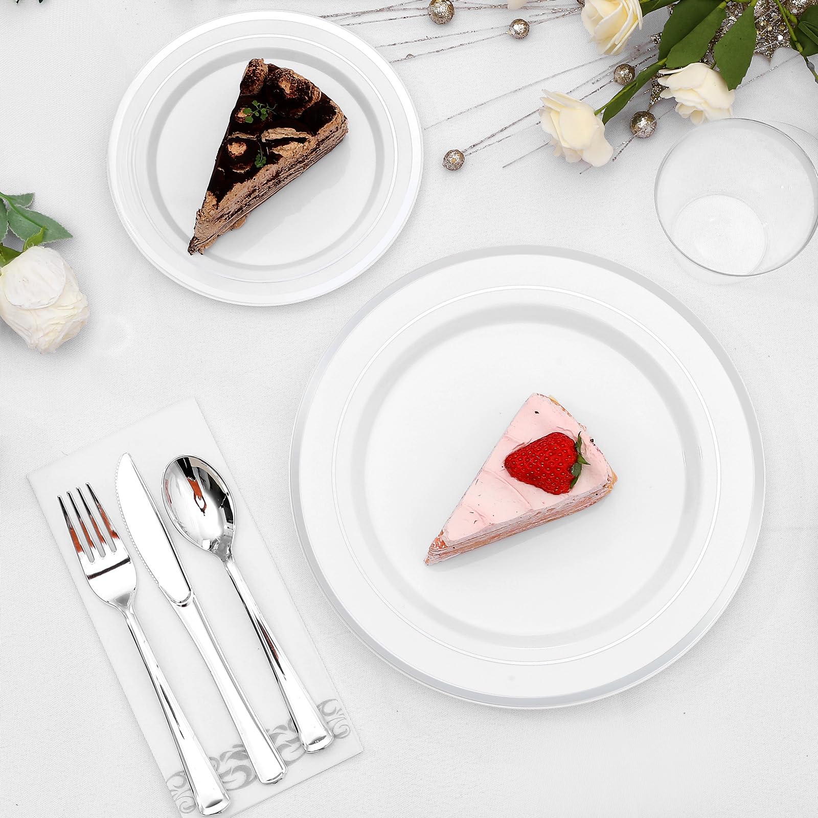 350-Piece Gold Rim Plastic Dinnerware Set for 50 Guests, Elegant Disposable Dinnerware for Party, Wedding. Includes Dinner Plates, Dessert Plates, Gold Silverware, Napkins, Cups
