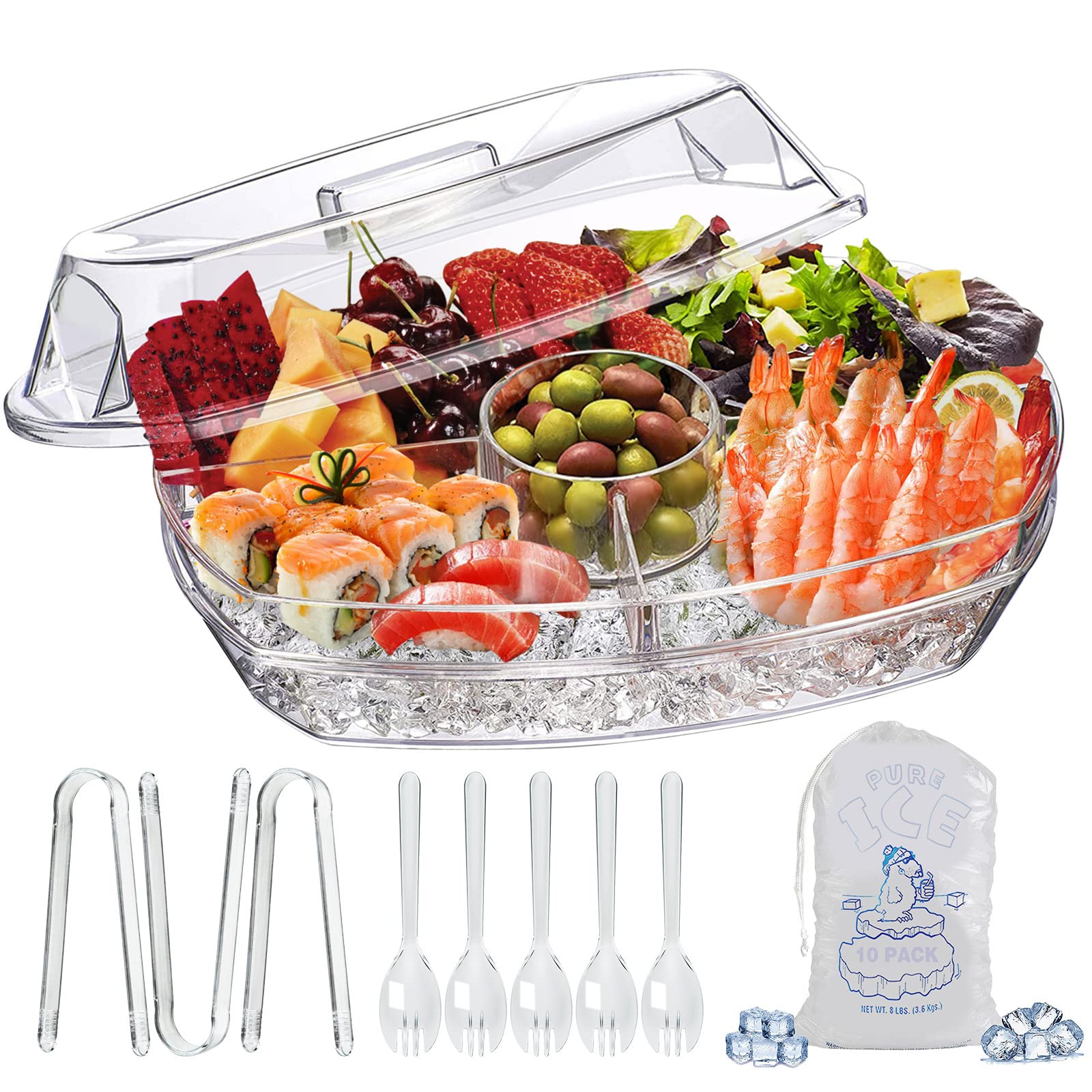 LIMOEASY Chilled Veggie Tray, 15 Inch Clear Party Platter with 4 Compartments, Ice Serving Bowl with Lid, Cold Food Buffet Server for Fruit, Vegetable, Appetizer, Shrimp