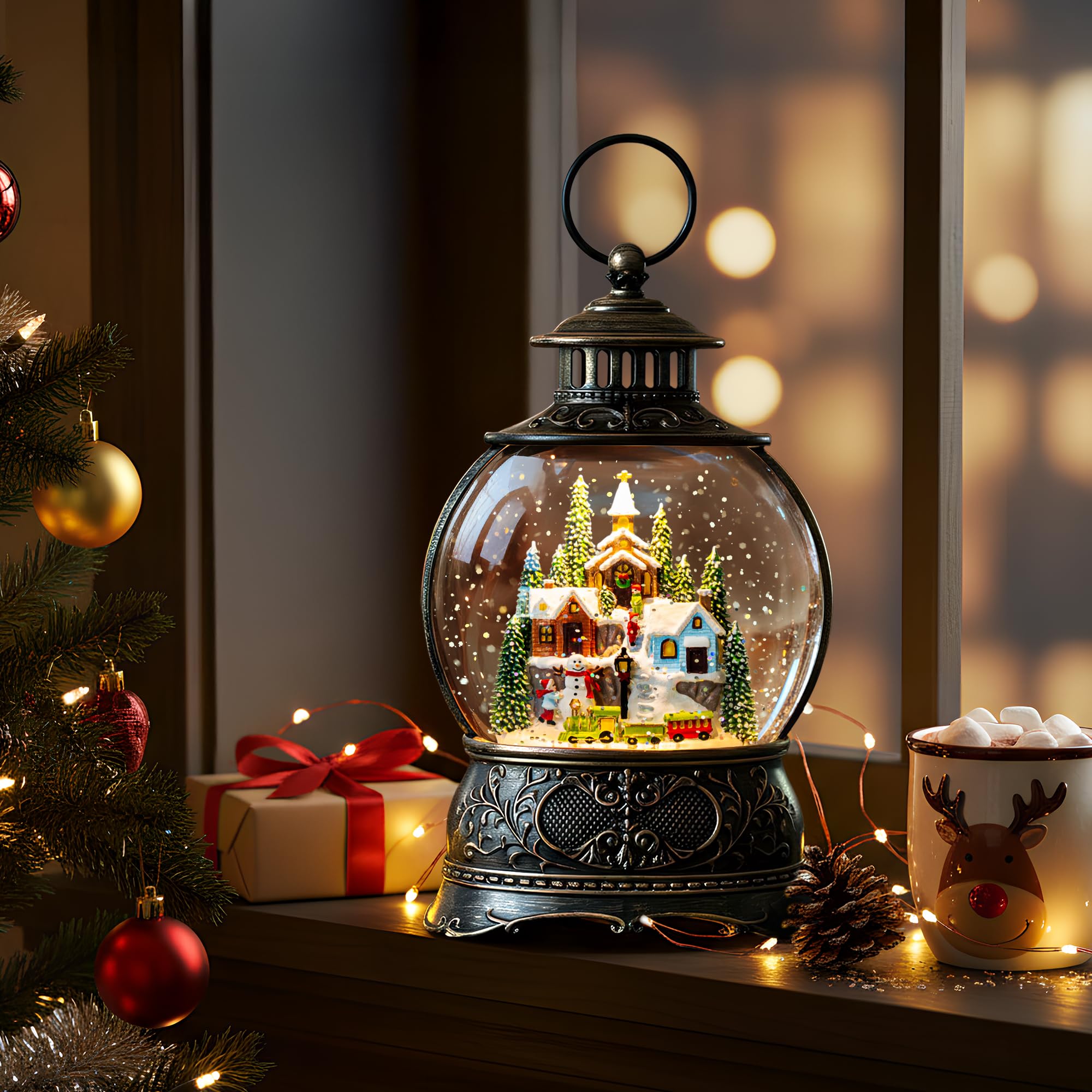 Fall Snow Globe Lantern with Autumn Turkey and Pumpkins Thanksgiving LED Decor for Home, Indoor Tabletop Centerpiece with Glitter Flakes, Harvest Light Decorations