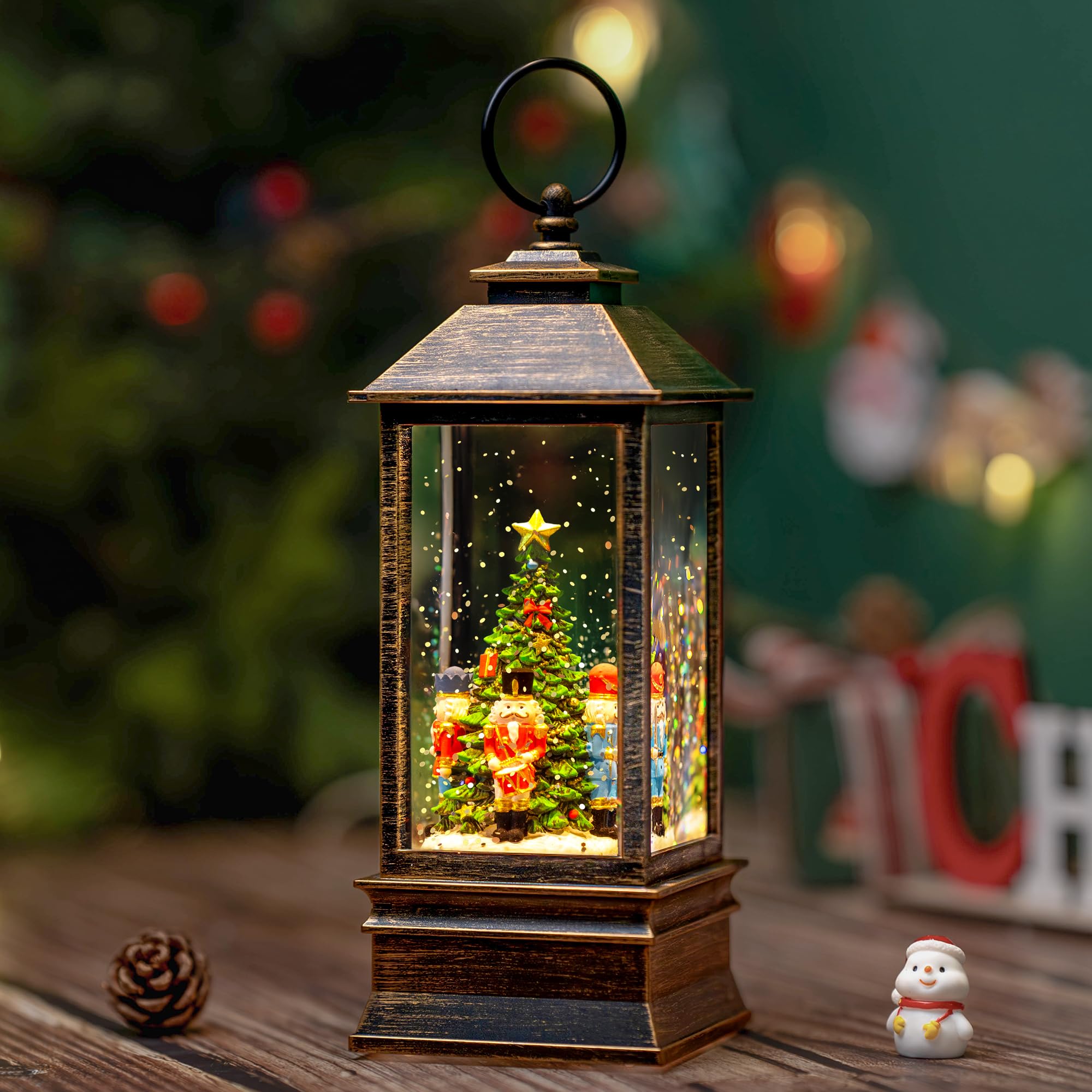 Fall Snow Globe Lantern with Autumn Turkey and Pumpkins Thanksgiving LED Decor for Home, Indoor Tabletop Centerpiece with Glitter Flakes, Harvest Light Decorations