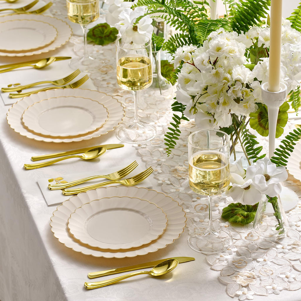 By Madee PREMIUM 60 Pc Ivory Scalloped Plastic Plates with Gold Trim – 30 Dinner & 30 Dessert Nice Plastic Plates for Party – Disposable & Elegant for Wedding, Showers, Special Moments (30 Guests)