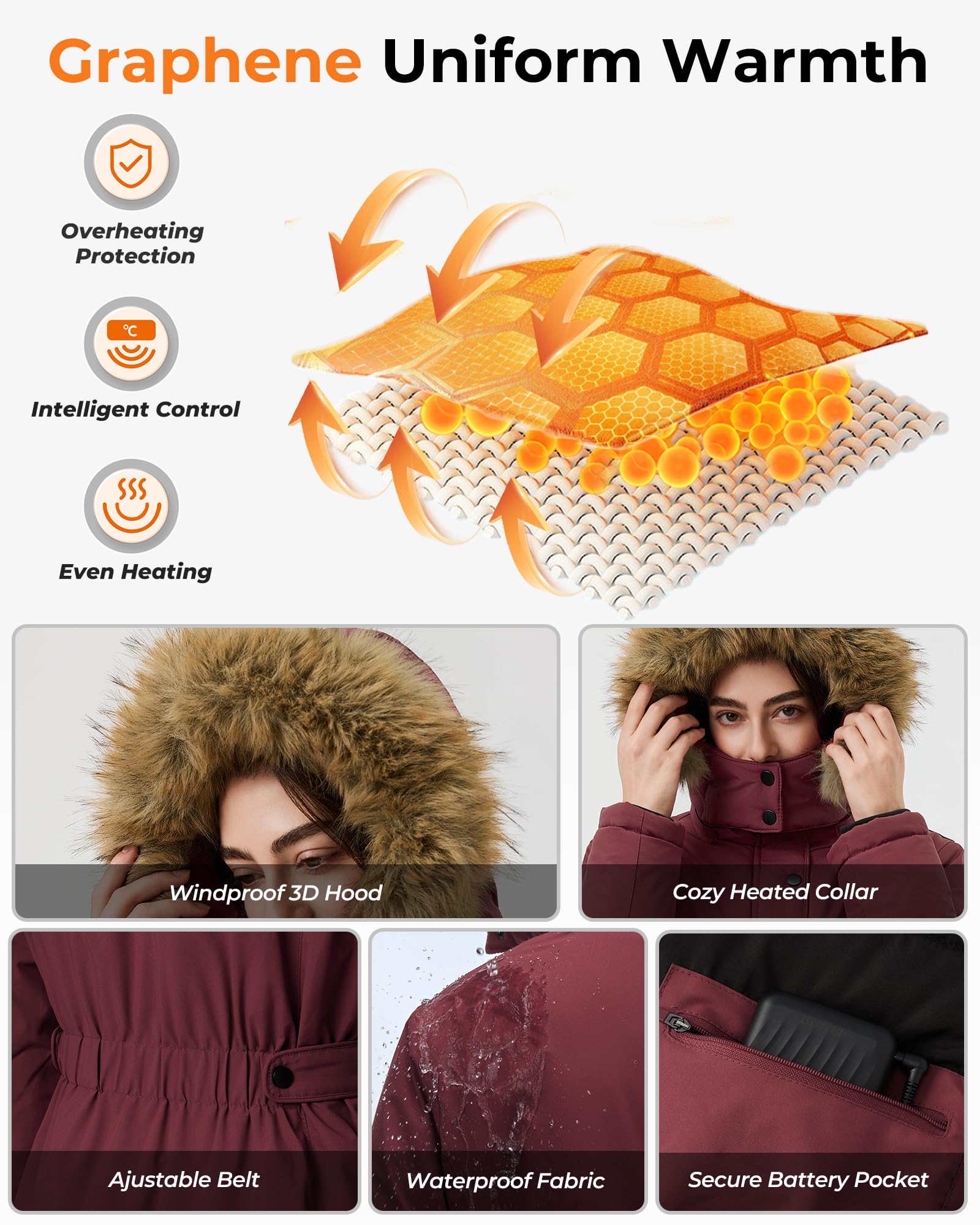 Graphene Long Heated Jacket for Women with 18400mAh 12V Battery Pack, Womens Parka Coat with Faux Fur Detachable Hood