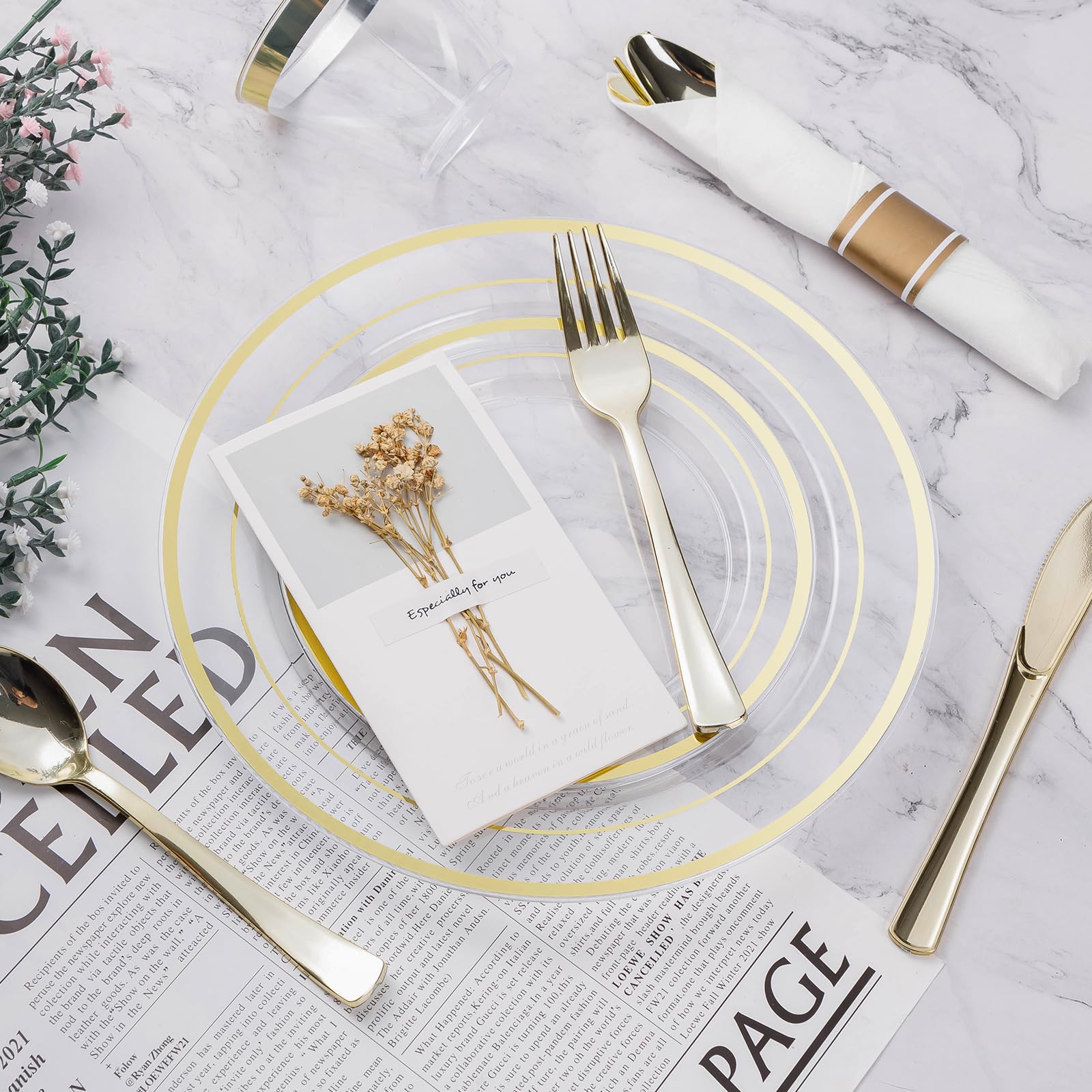 350PCS Gold Plastic Dinnerware Set, Disposable Party Plates for 50 Guests, Include: 100 Plastic Plates, 50 Pre Rolled Napkins with Gold Silverware, 50 Cups