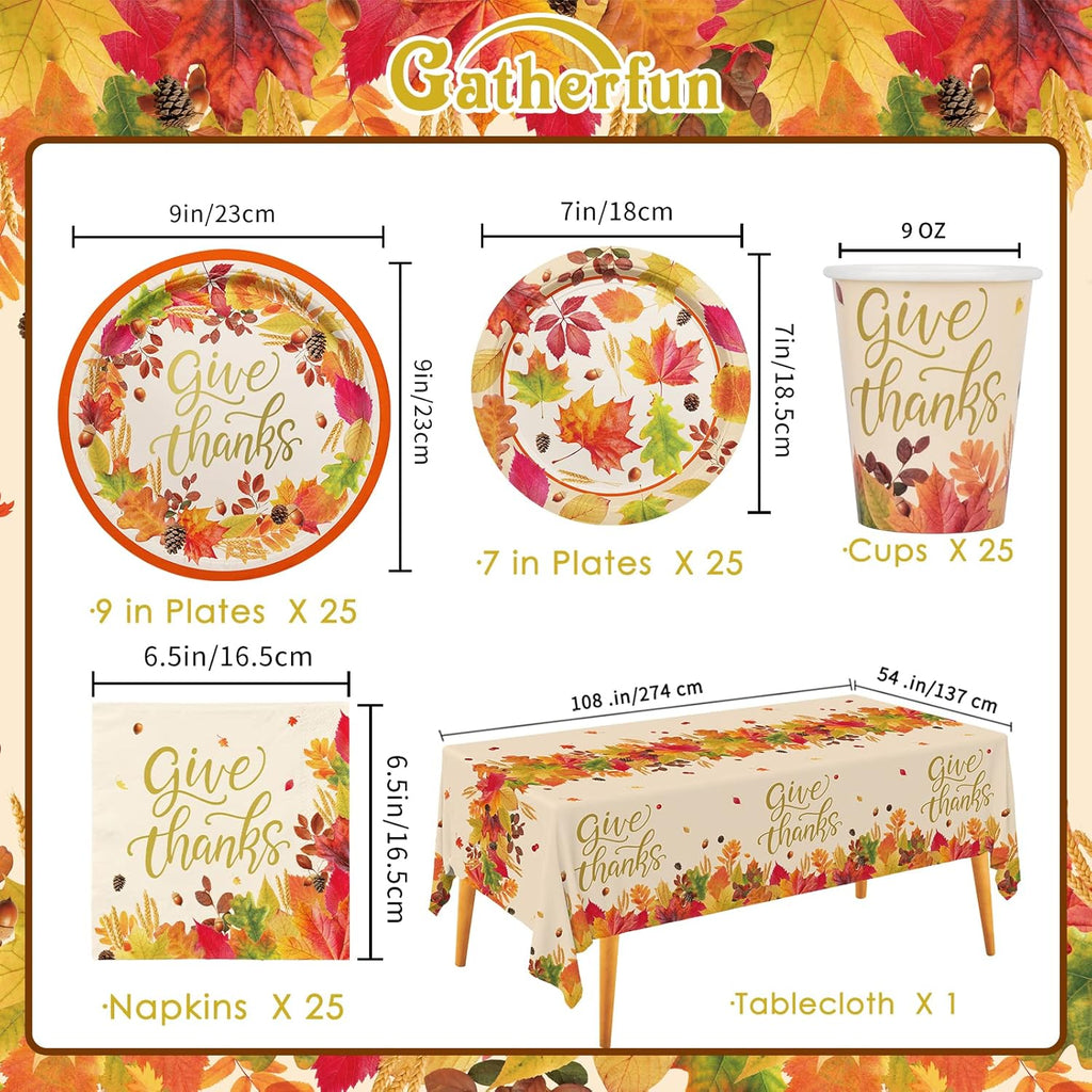 Fall theme Party Supplies Kit, Serve 25, Autumn Harvest Disposable Dinnerware Includes: Paper Dinner Plates, Dessert Plates, Napkins, Cups, and Tablecloth, for Thanksgiving Party Decorations