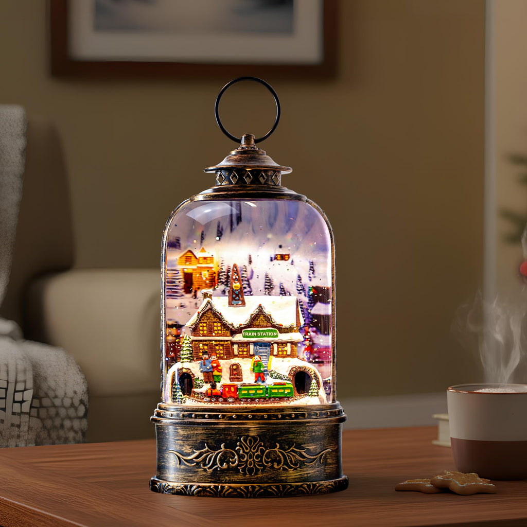 Fall Snow Globe Lantern with Autumn Turkey and Pumpkins Thanksgiving LED Decor for Home, Indoor Tabletop Centerpiece with Glitter Flakes, Harvest Light Decorations