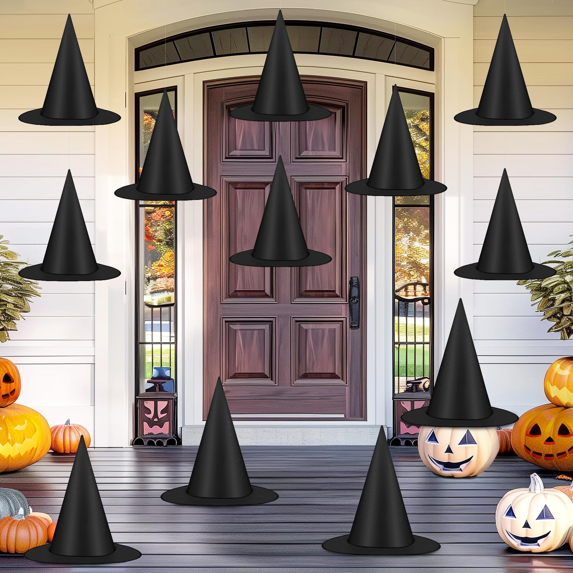 12 PCS Halloween Witch Hats, Black Hanging Witch Hat, Witch Costume Accessories Witches Hat with 328 FT Nylon Cord Wizard Hats Indoor Outdoor Halloween Decorations for Home Yard Porch Ceiling