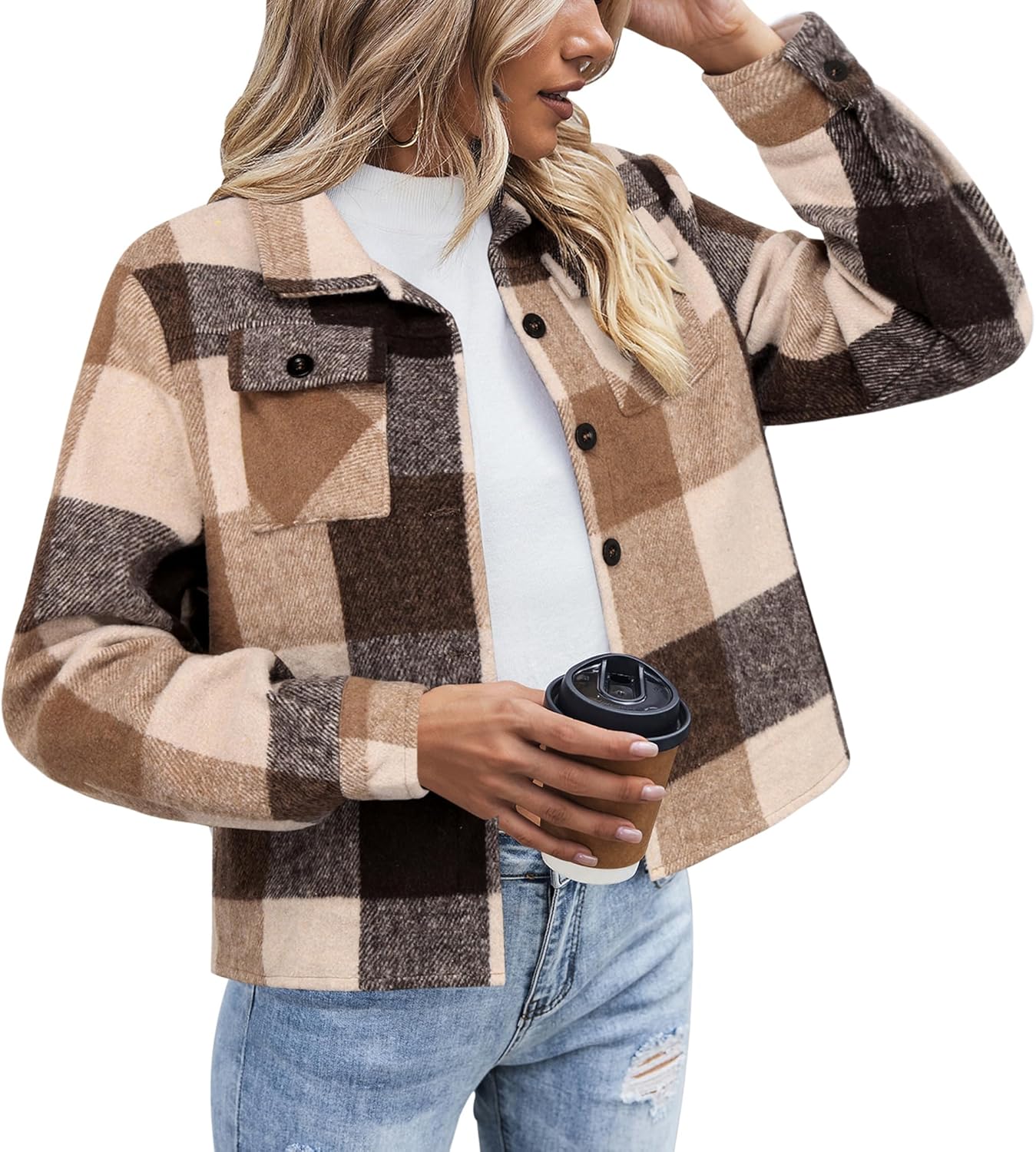 Zeagoo Flannels for Women Cropped Shacket Jacket Fashion Plaid Button Down Shirt 2025 Fall Coat Tops
