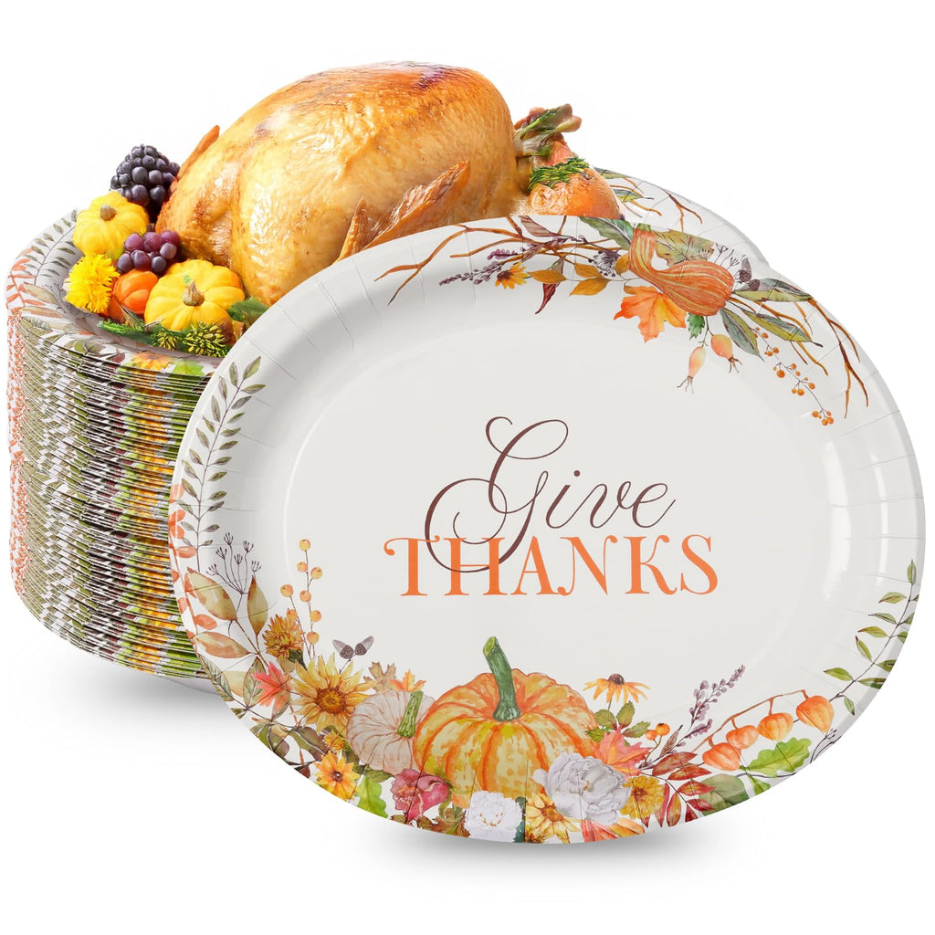 50 Count Thanksgiving Oval Paper Plates, 10" x 12.5" Large Disposable Dinner Serving Party Platters Heavy Duty, Autumn Fall Harvest Party Supply Thanksgiving Decor
