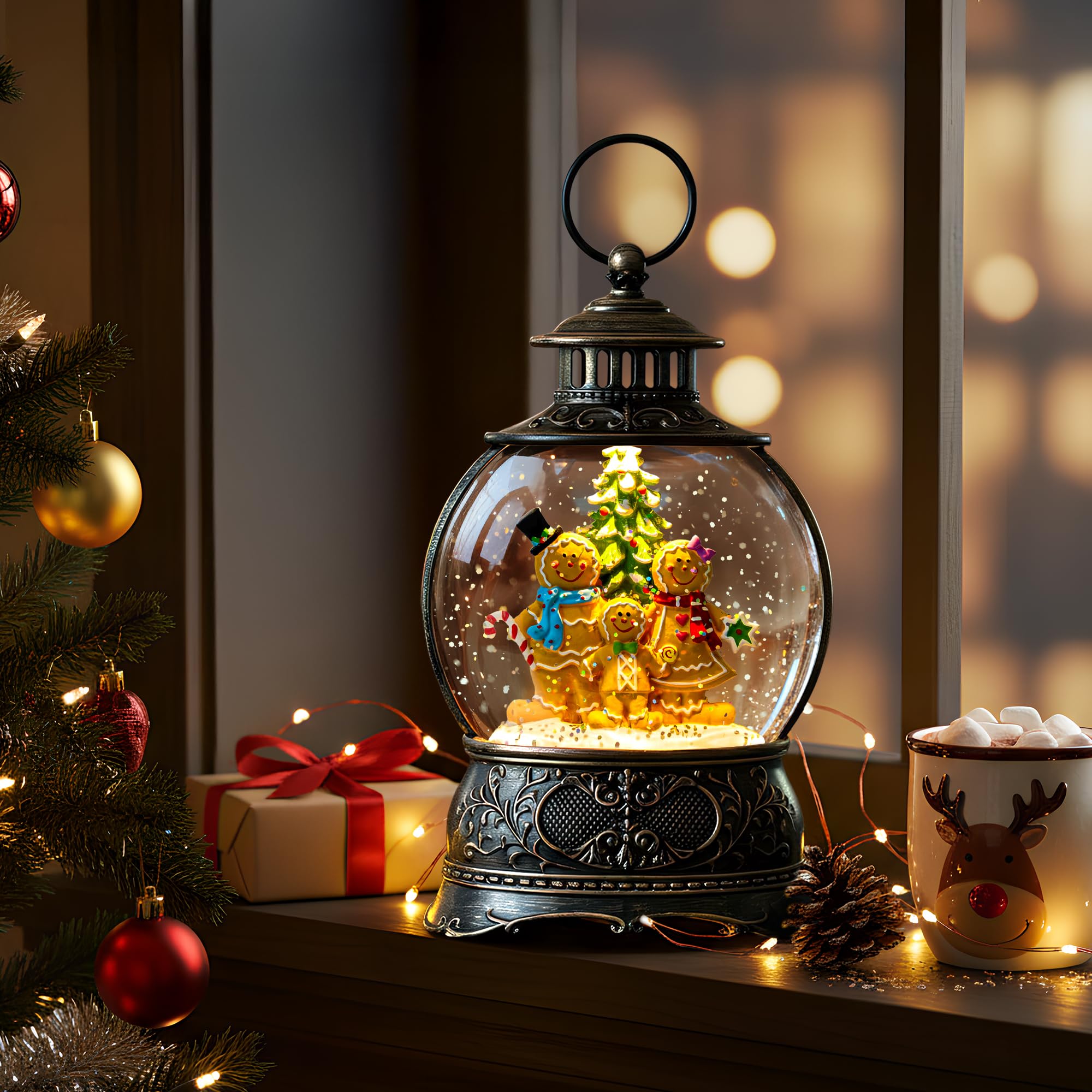 Fall Snow Globe Lantern with Autumn Turkey and Pumpkins Thanksgiving LED Decor for Home, Indoor Tabletop Centerpiece with Glitter Flakes, Harvest Light Decorations