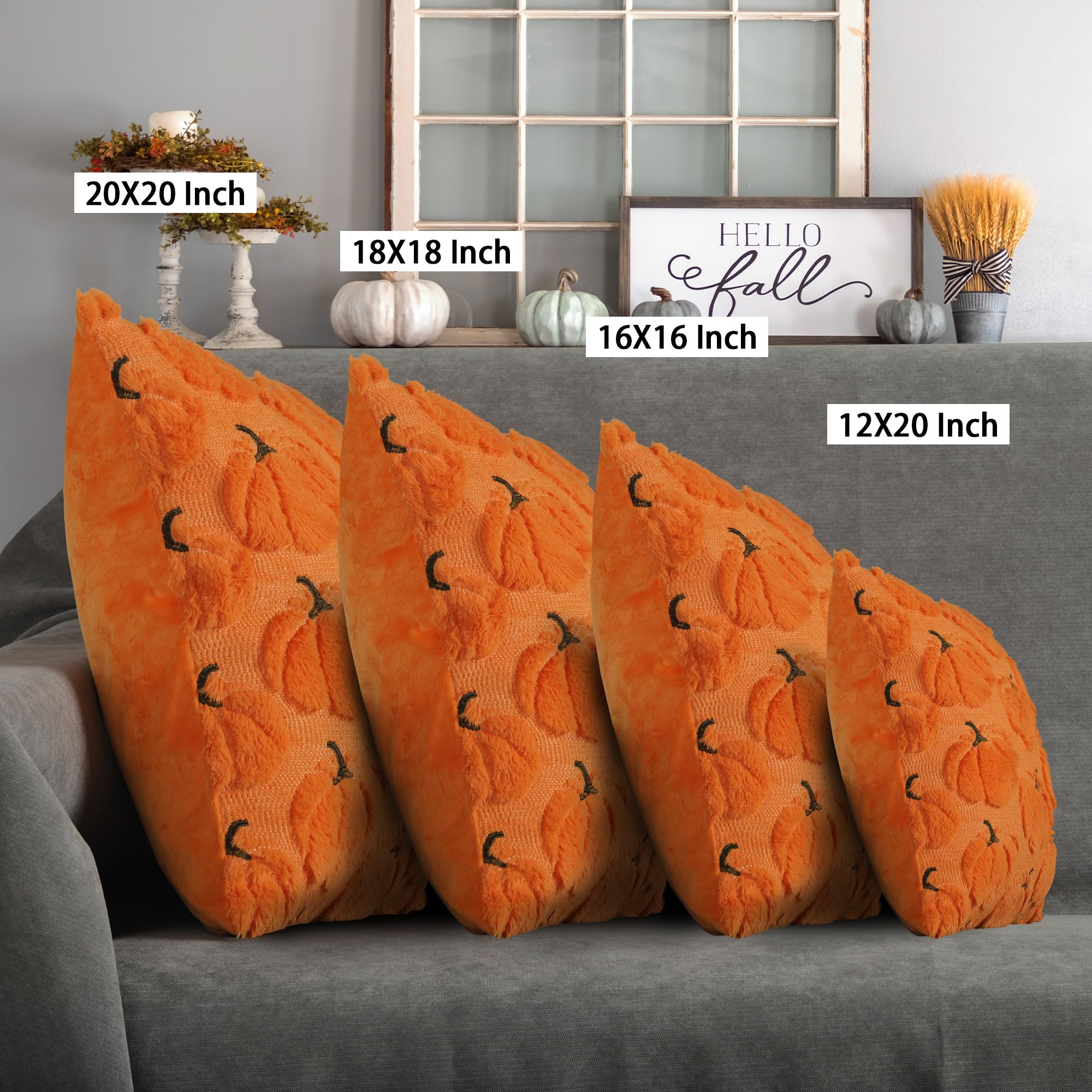 4TH Emotion Fall Pumpkins Decorative Pillow Covers 18x18 Set of 2, Beige Soft Plush Faux Fur Wool Farmhouse Throw Cushion Cases for Autumn Thanksgiving Holiday Home Decorations