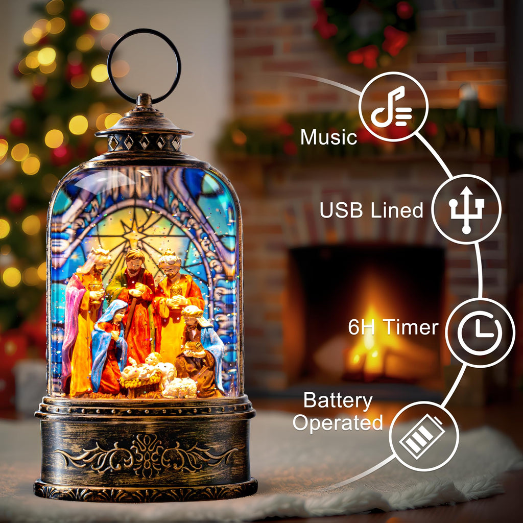 Fall Snow Globe Lantern with Autumn Turkey and Pumpkins Thanksgiving LED Decor for Home, Indoor Tabletop Centerpiece with Glitter Flakes, Harvest Light Decorations