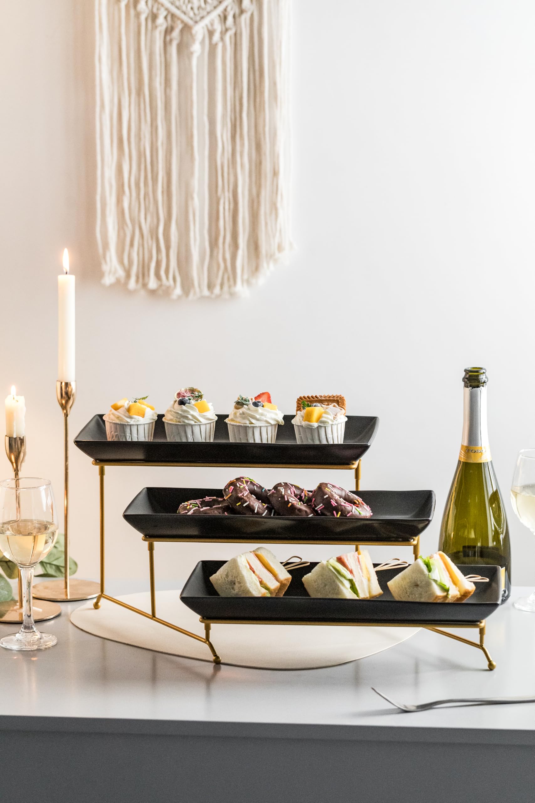 LYEOBOH 3 Tier Serving Bowls Set with Collapsible Thicker Metal Stand, Oval Serving Dishes for Entertaining Tiered Serving Stand for Fruit, Dessert, Candy, Chip and Dip (Black)