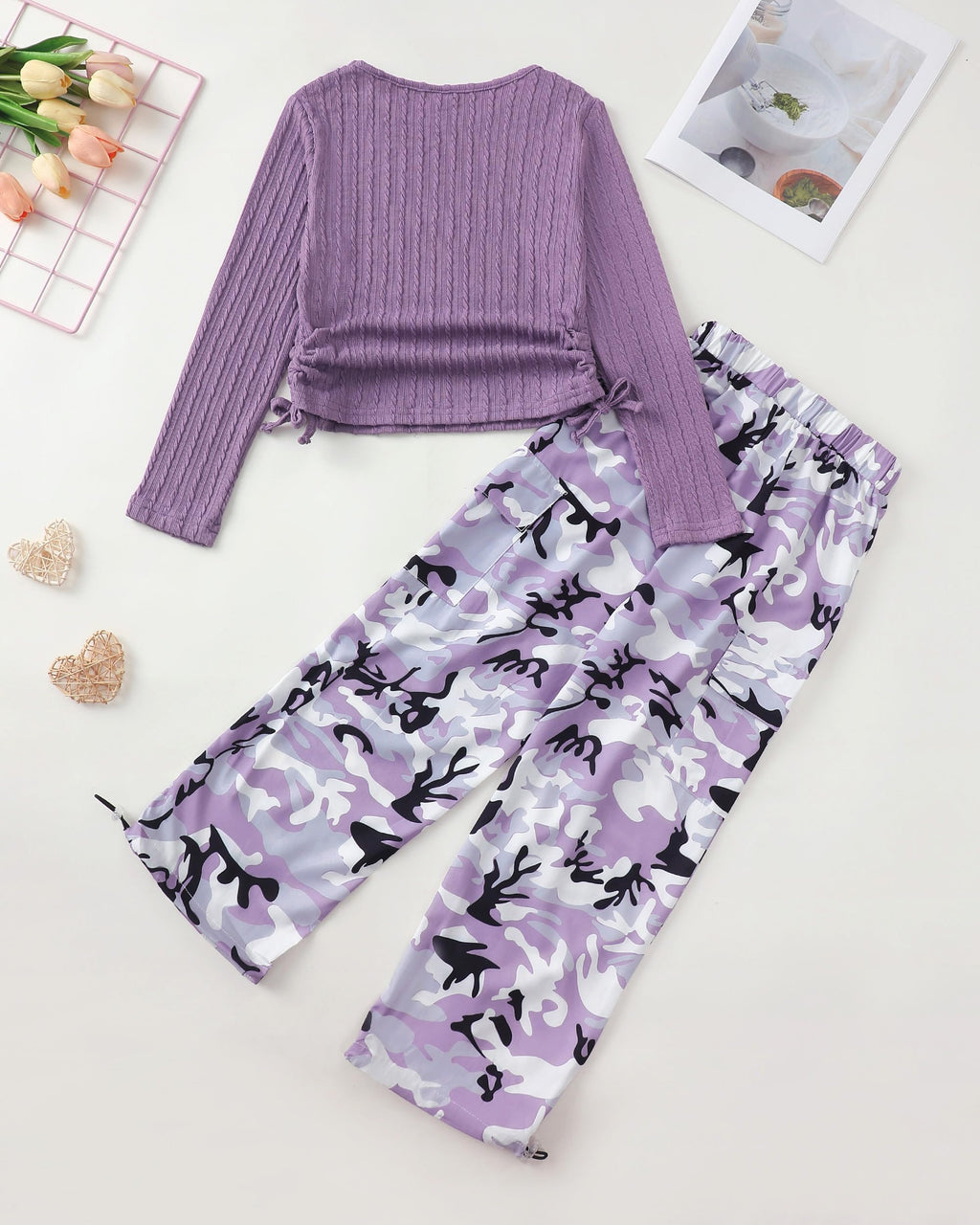 Girls Clothes Tween Girl Clothing Long Sleeve Ruched Drawstring Ribbed Knit Top Camo Cargo Pants Fall Winter Outfits
