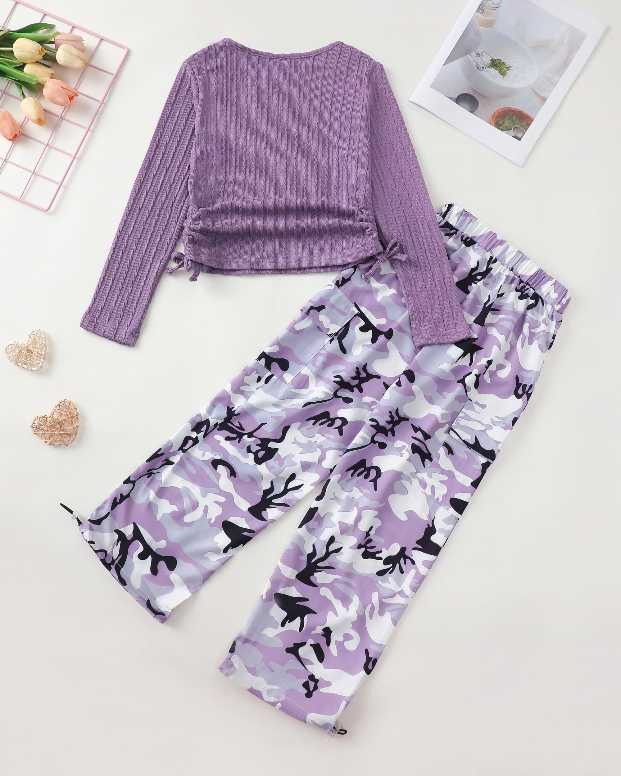 Girls Clothes Tween Girl Clothing Long Sleeve Ruched Drawstring Ribbed Knit Top Camo Cargo Pants Fall Winter Outfits