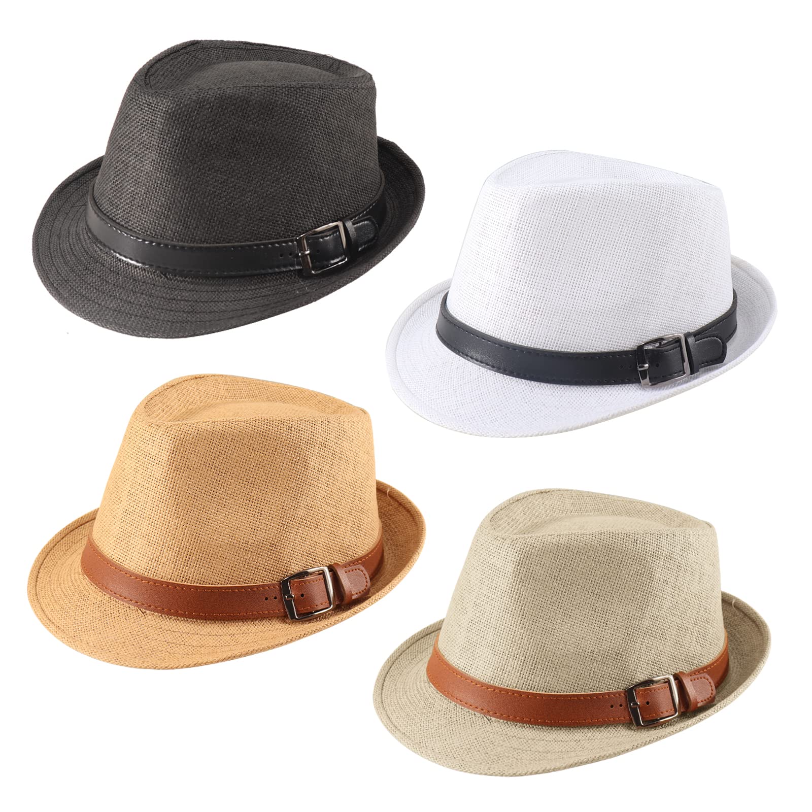 Forwe 4 Pack Straw Fedora Hat for Men Women Short Brim Trilby Hat Classic Panama Summer Beach Sun Hat