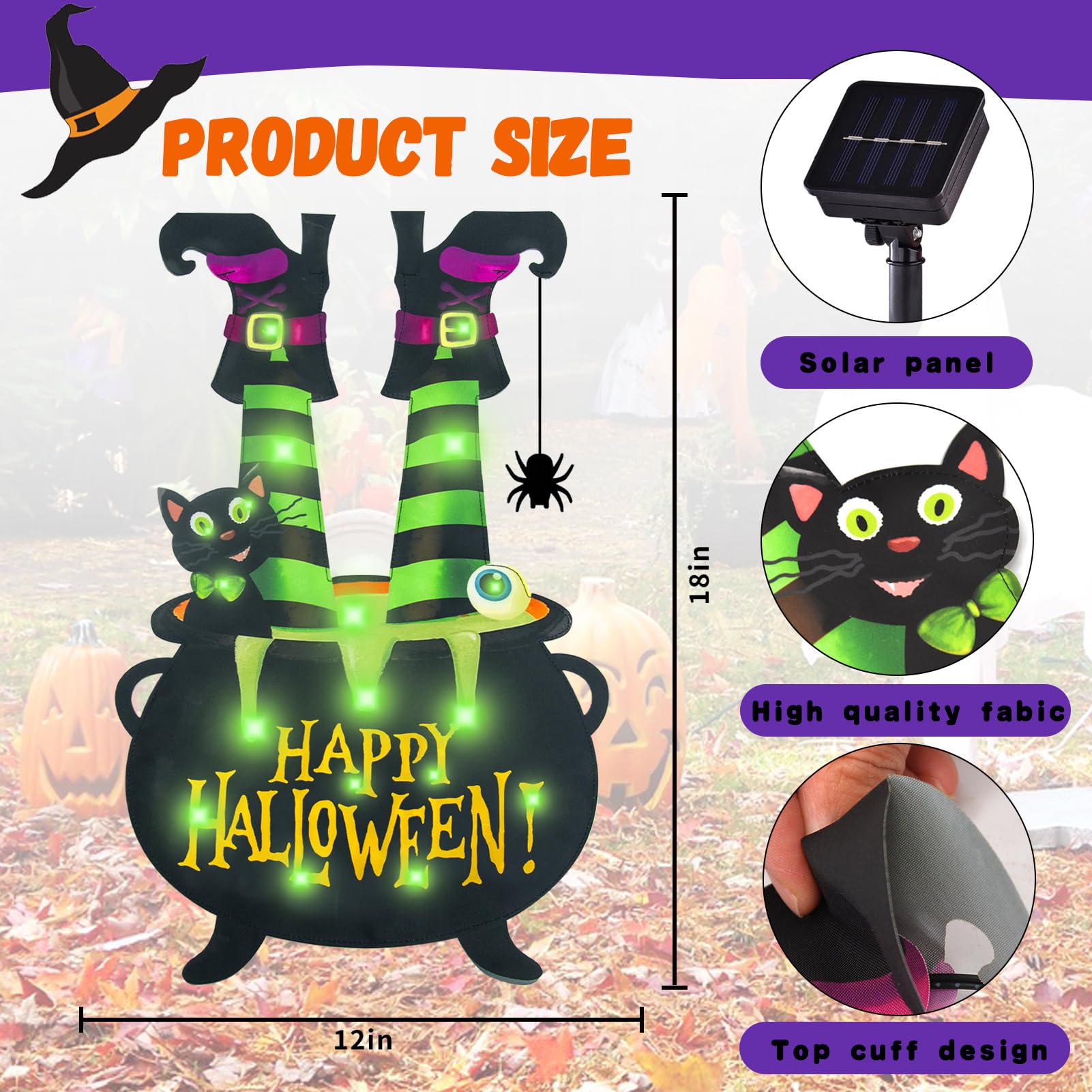 Halloween Lighted Garden Flag for Outside, Led Solar Yard Flag 8 Modes Witch Feet Shape Flag, 12x18 Double Sided Cauldron Eyeball Black Cat Decorations for Home Porch
