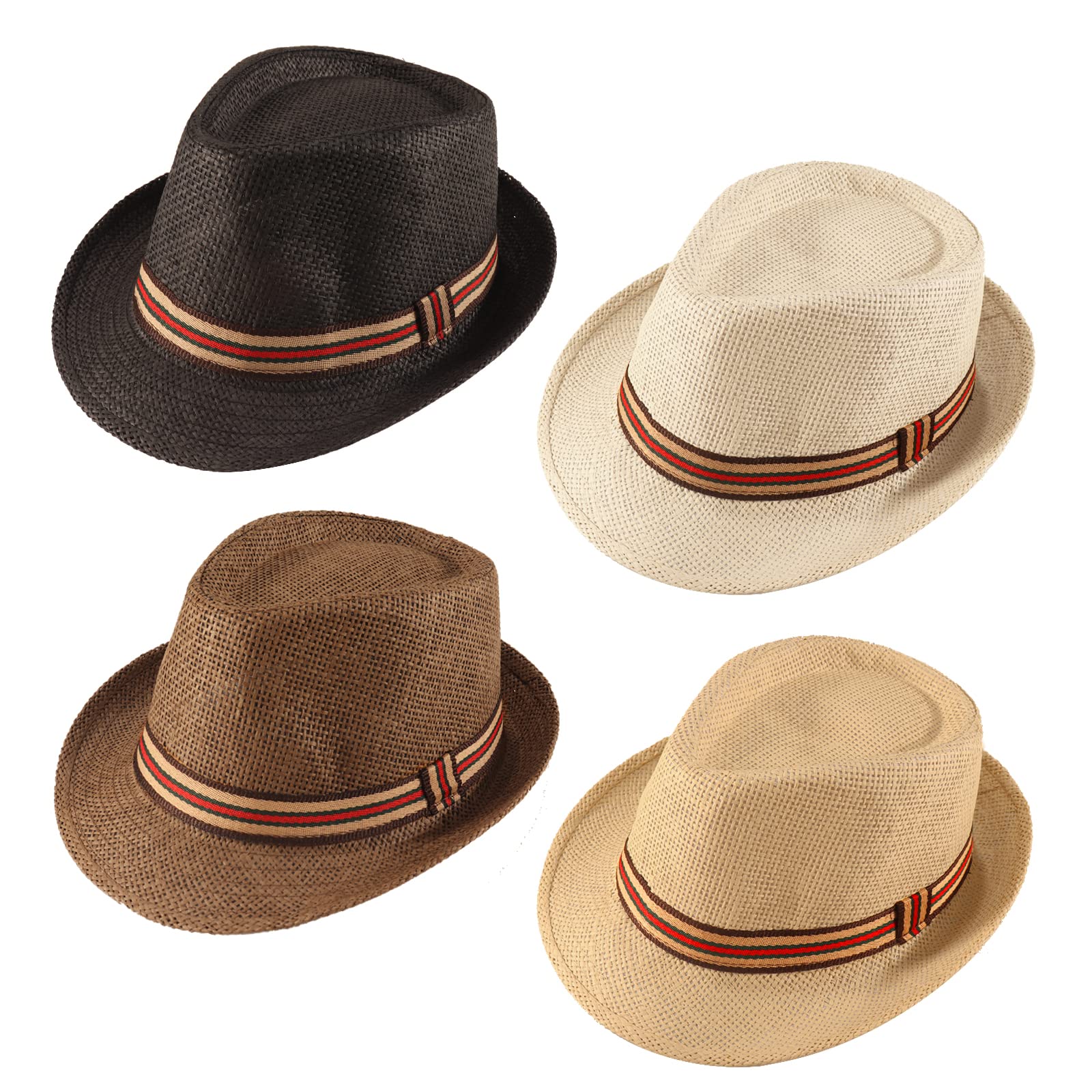 Forwe 4 Pack Straw Fedora Hat for Men Women Short Brim Trilby Hat Classic Panama Summer Beach Sun Hat