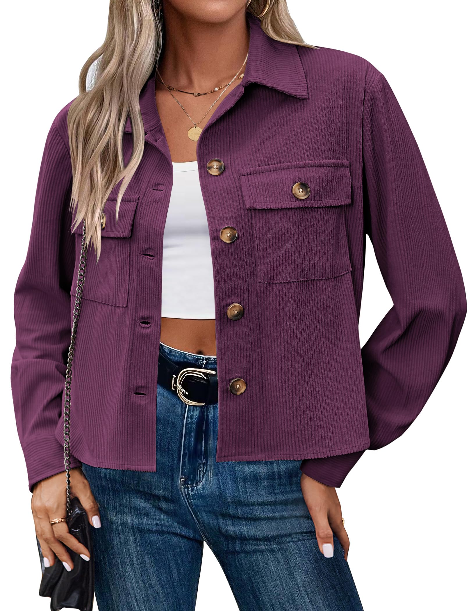 Zeagoo Womens Fashion Cropped Corduroy Shackets Button Down Jackets Tops Fall Trendy Long Sleeve Shirts